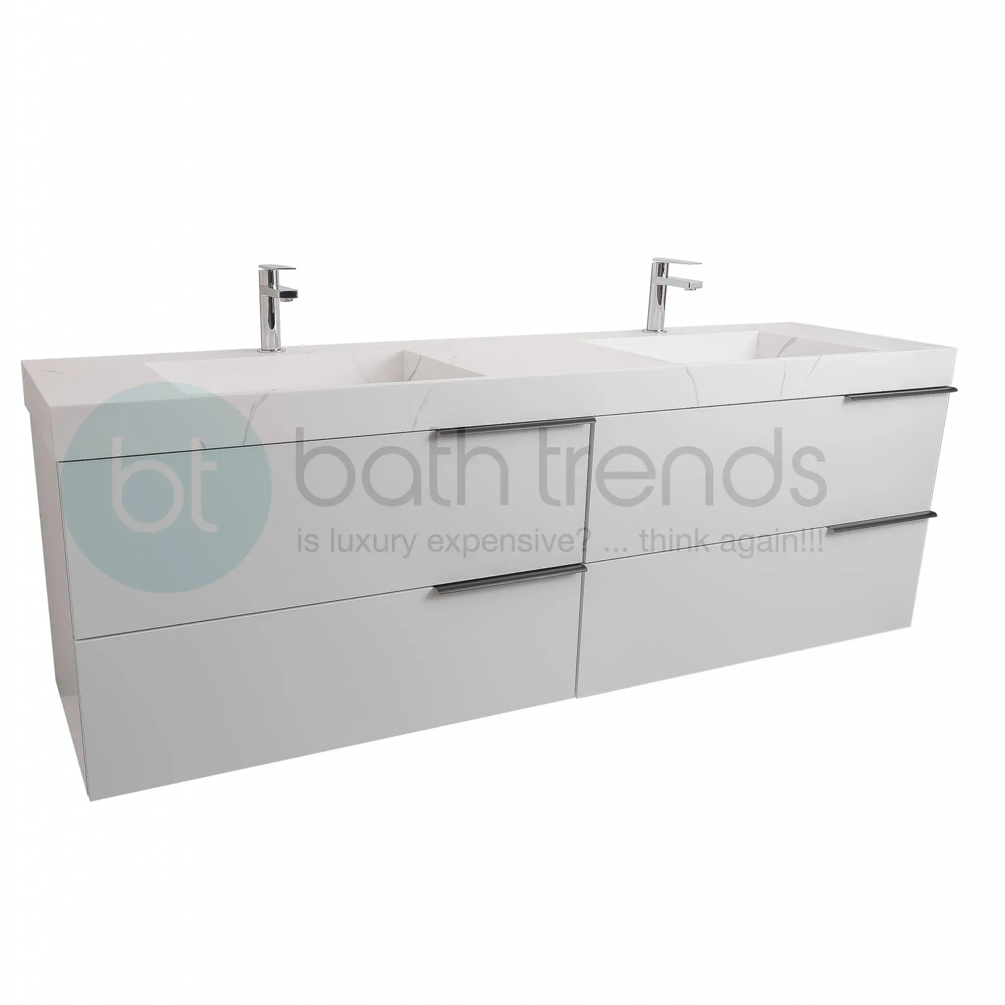 Mallorca 72 Matte White Cabinet, Solid Surface Matte White Top Carrara Infinity Double Sink, Wall Mounted Modern Vanity Set