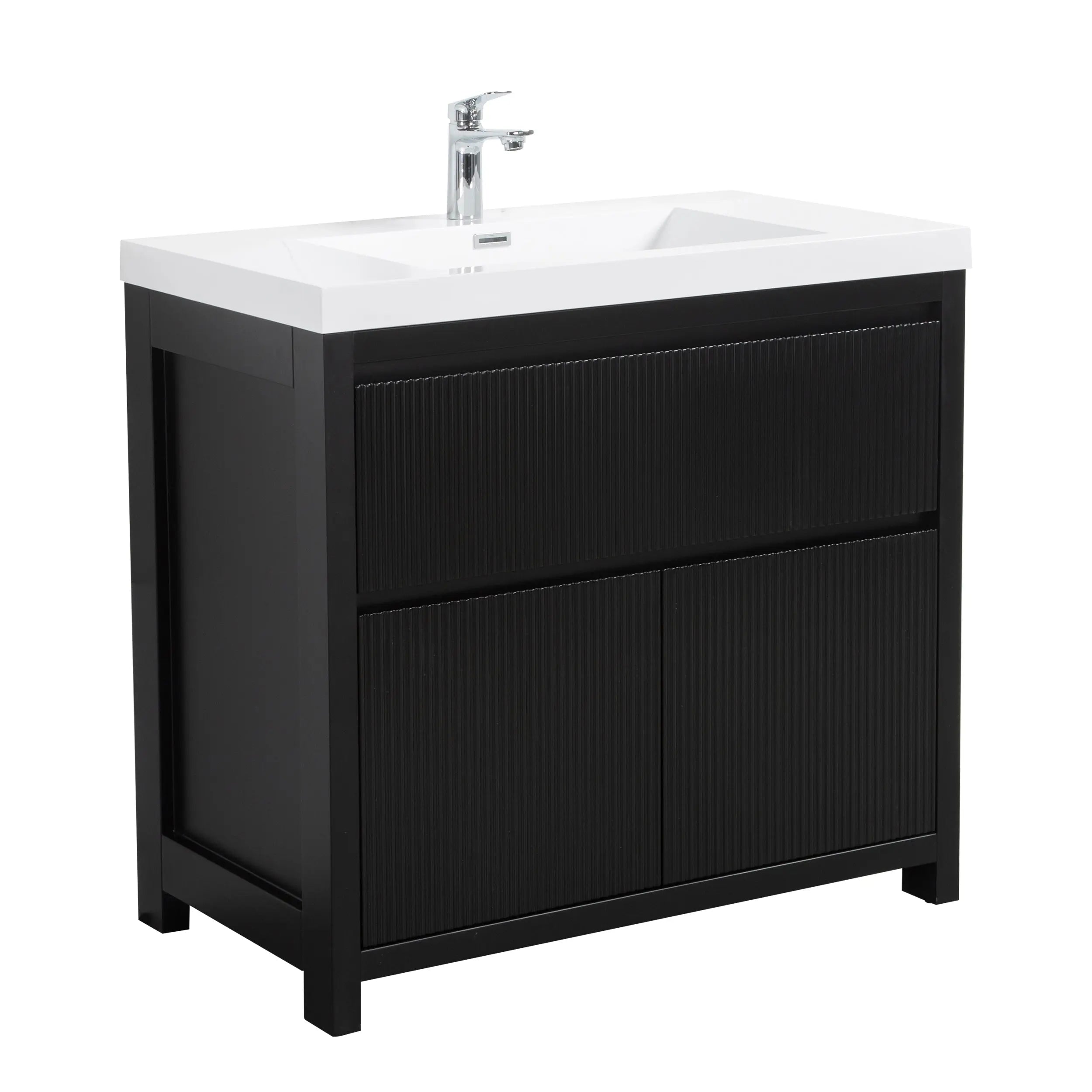 Neos 29.5 Matte Black Cabinet, Square Cultured Marble Sink, Free Standing Modern Vanity Set