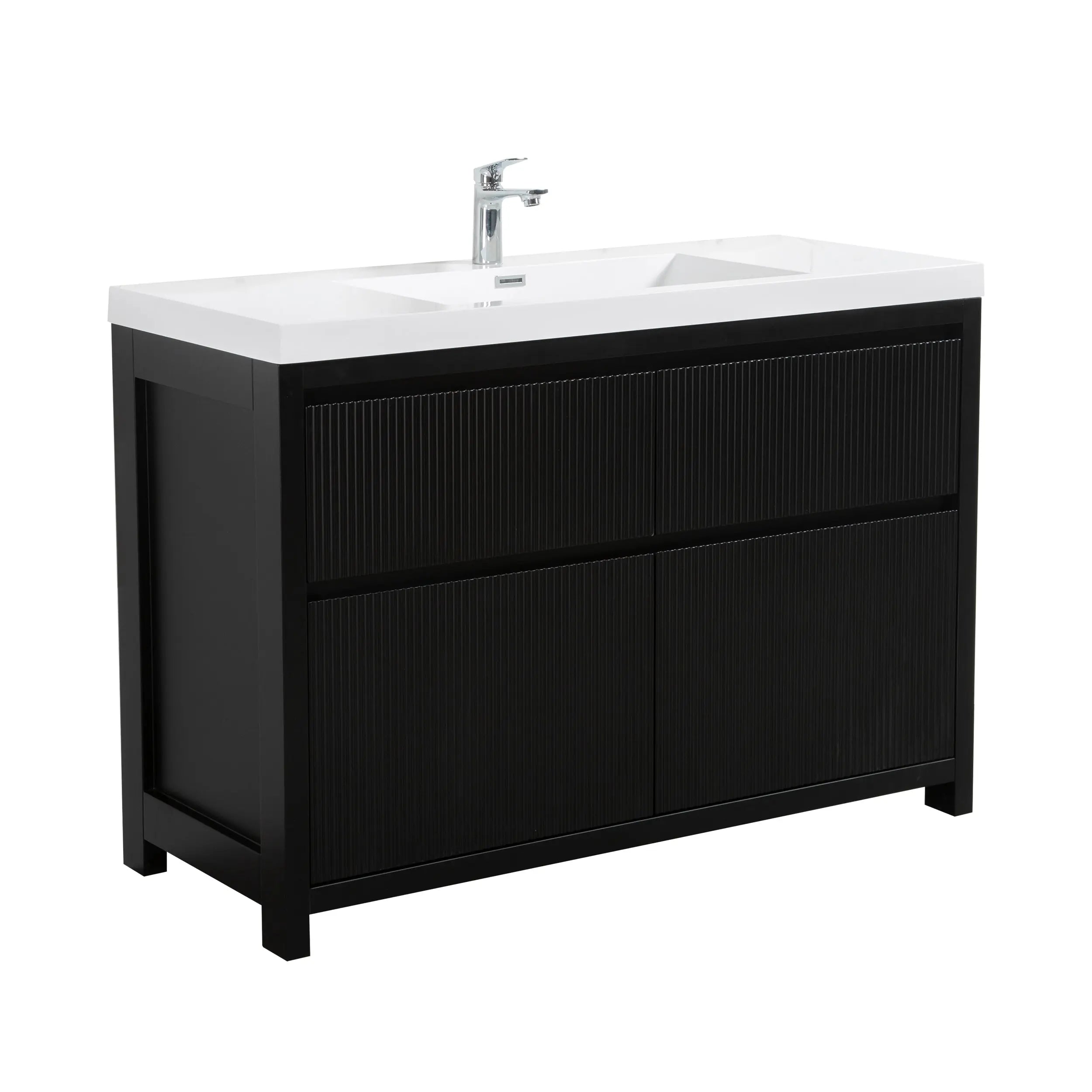 Neos 47.5 Matte Black Cabinet, Square Cultured Marble Sink, Free Standing Modern Vanity Set