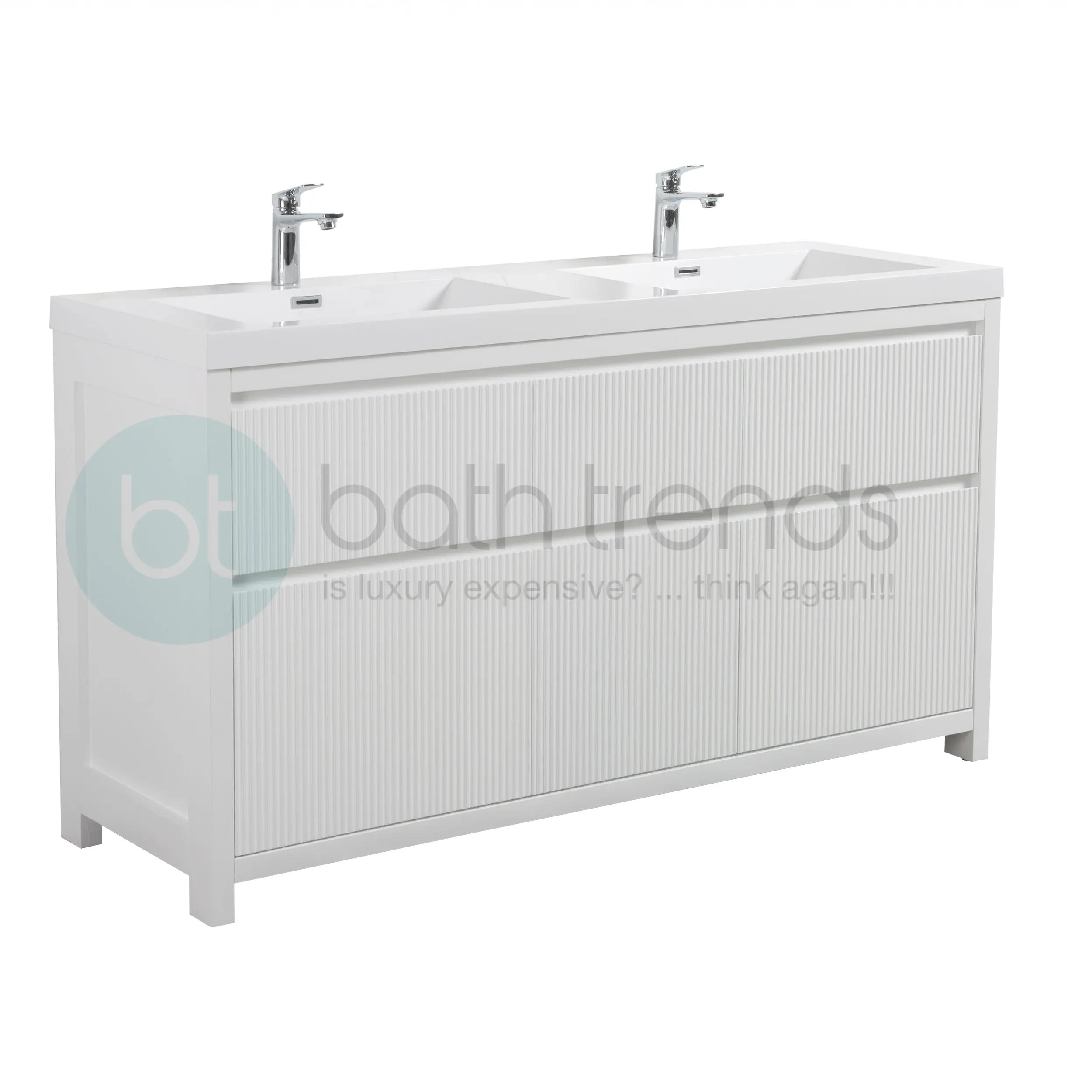 Neos 59 Matte White Cabinet, Square Cultured Marble Double Sink, Free Standing Modern Vanity Set