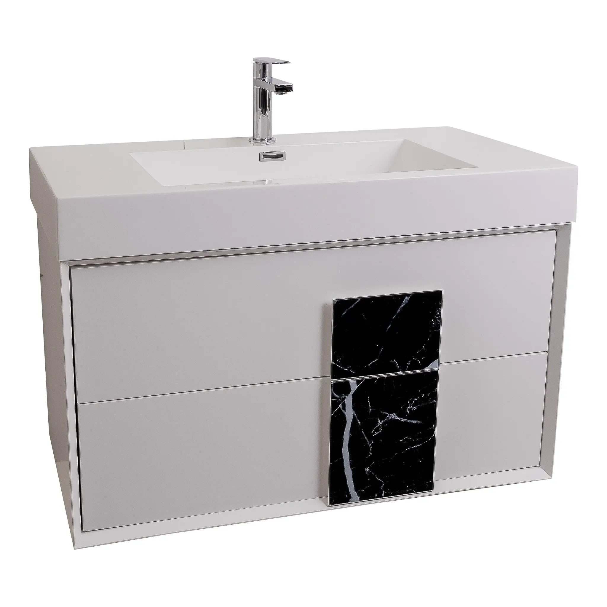 Piazza 31.5 Matte White With Black Marble, Square Sink, Wall Mounted Modern Vanity Set