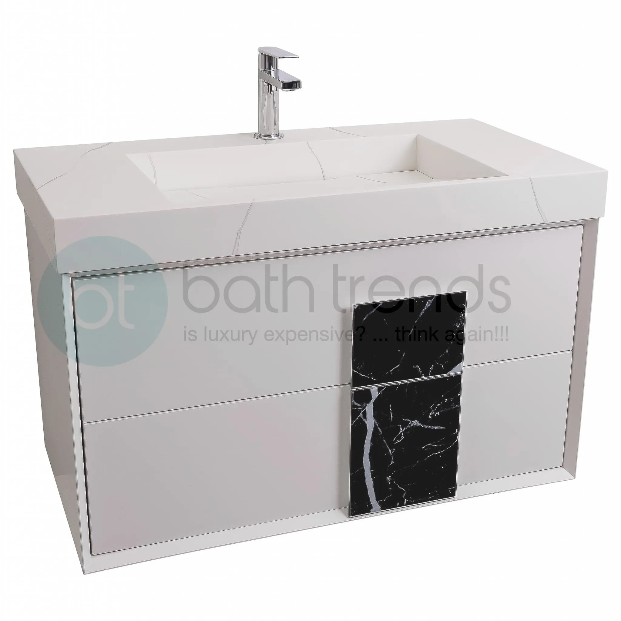Piazza 31.5 Matte White With Black Handle Cabinet, Solid Surface Matte White Carrara Infinity Sink, Wall Mounted Modern Vanity Set