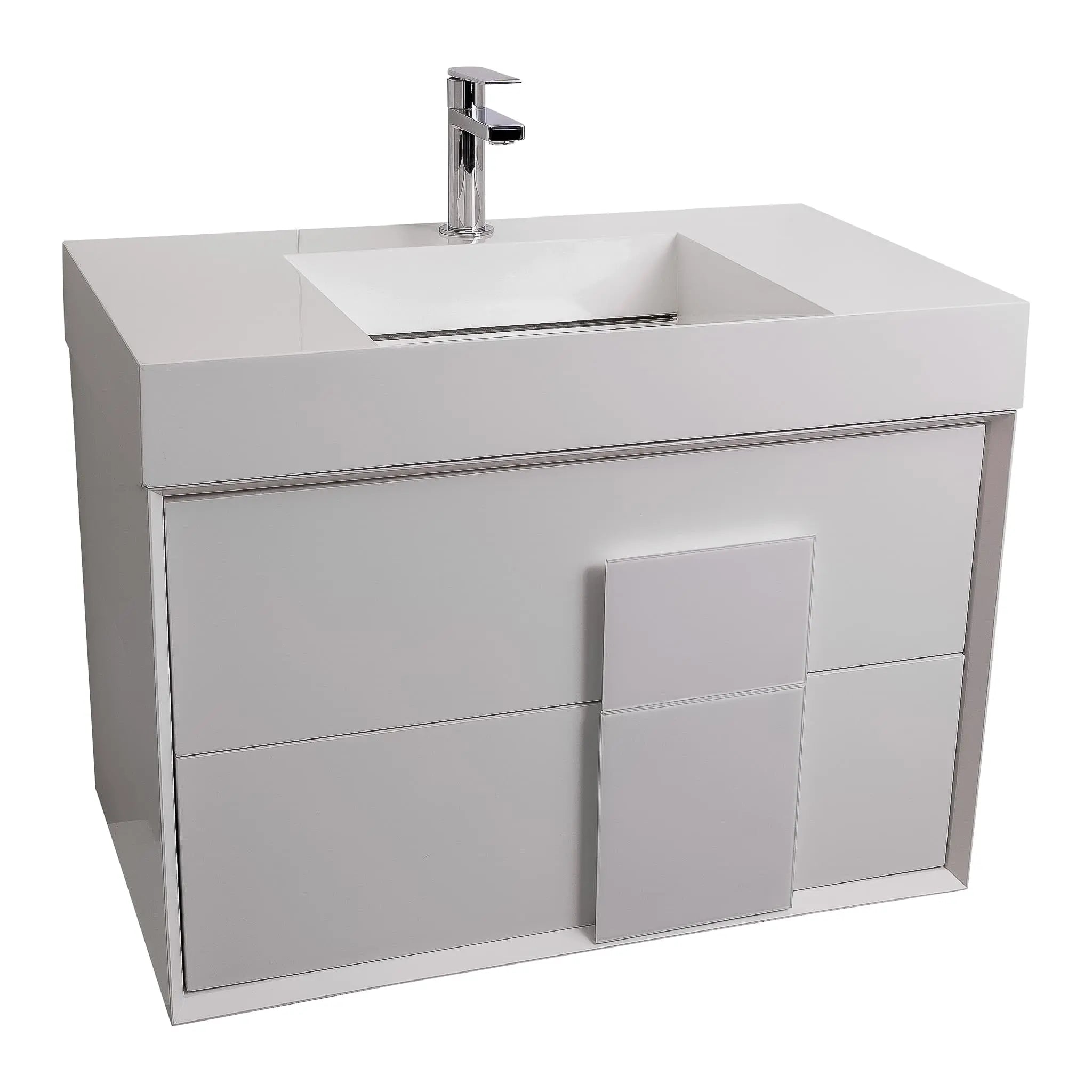 Piazza 31.5 Matte White With White Handle Cabinet, Infinity Cultured Marble Sink, Wall Mounted Modern Vanity Set