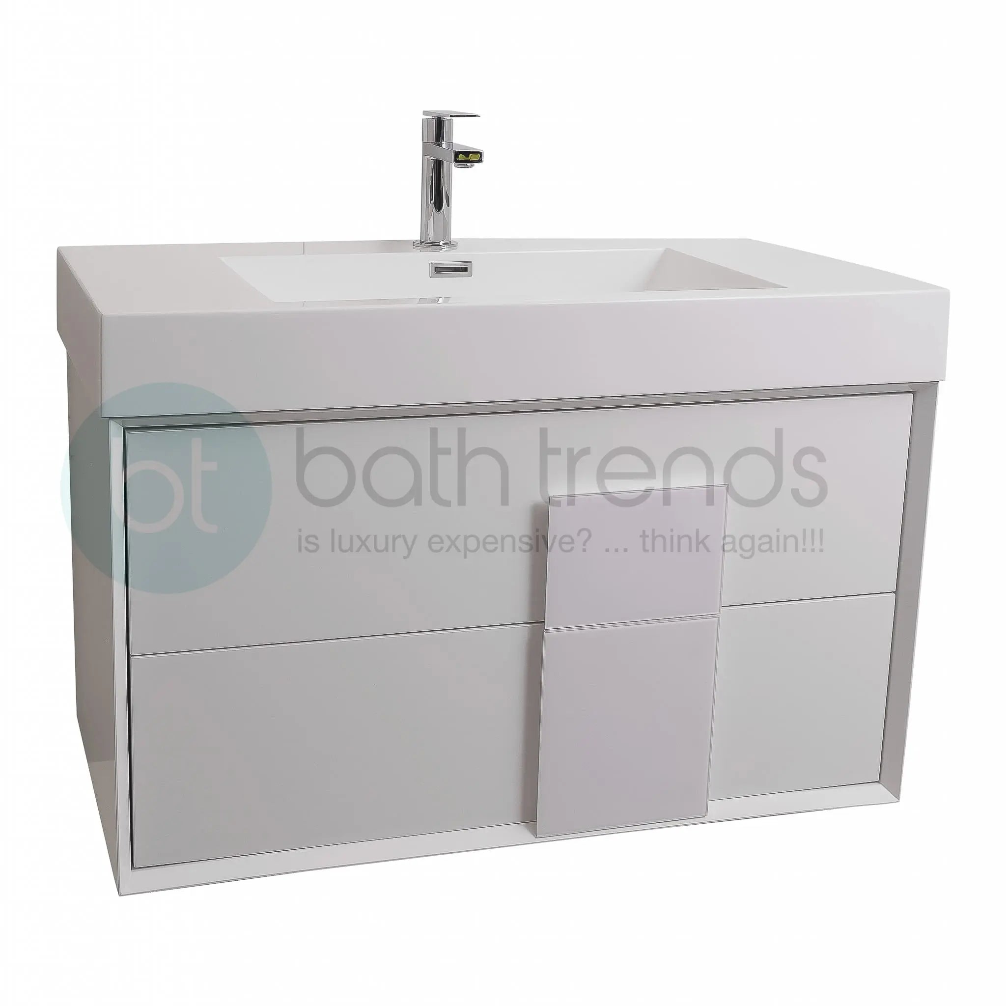 Piazza 31.5 Matte White With White Handle Cabinet, Square Sink, Wall Mounted Modern Vanity Set