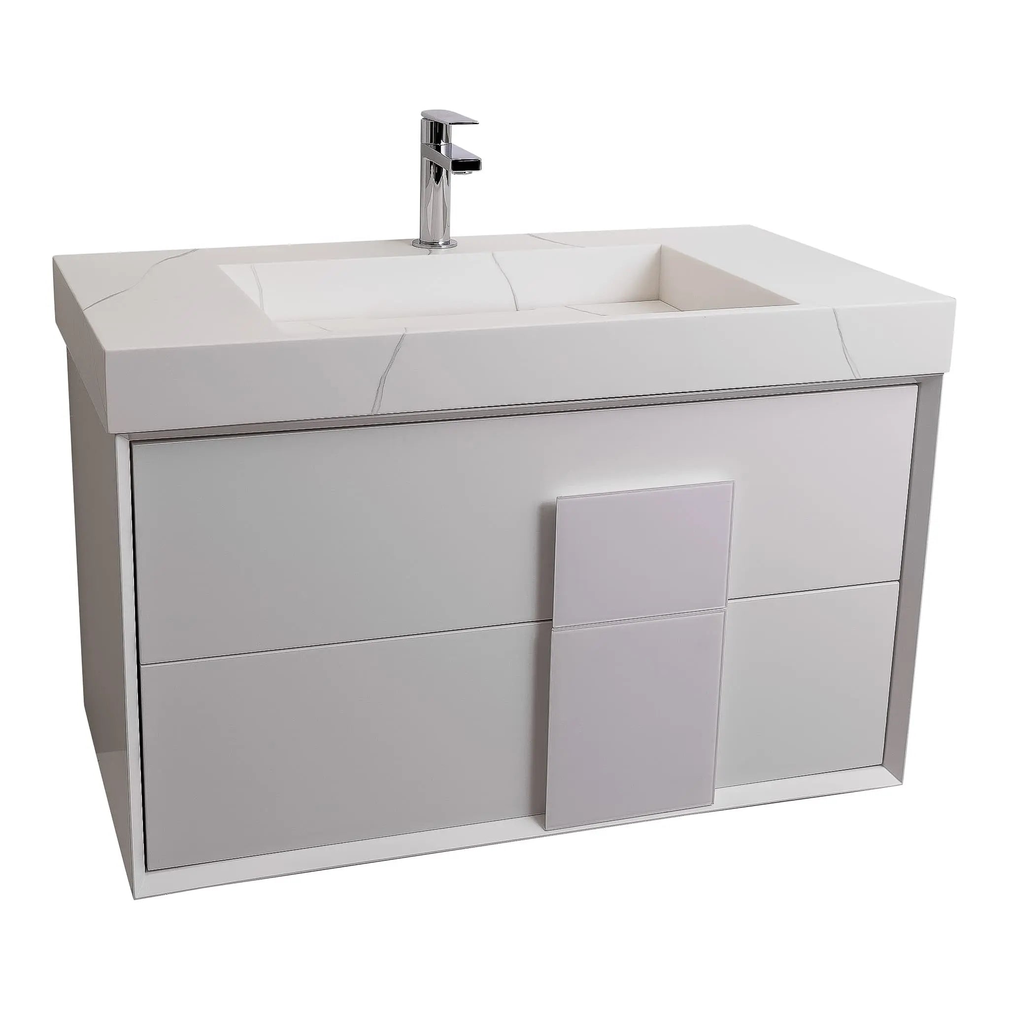 Piazza 31.5 Matte White With White Handle Cabinet, Solid Surface Matte White Carrara Infinity Sink, Wall Mounted Modern Vanity Set
