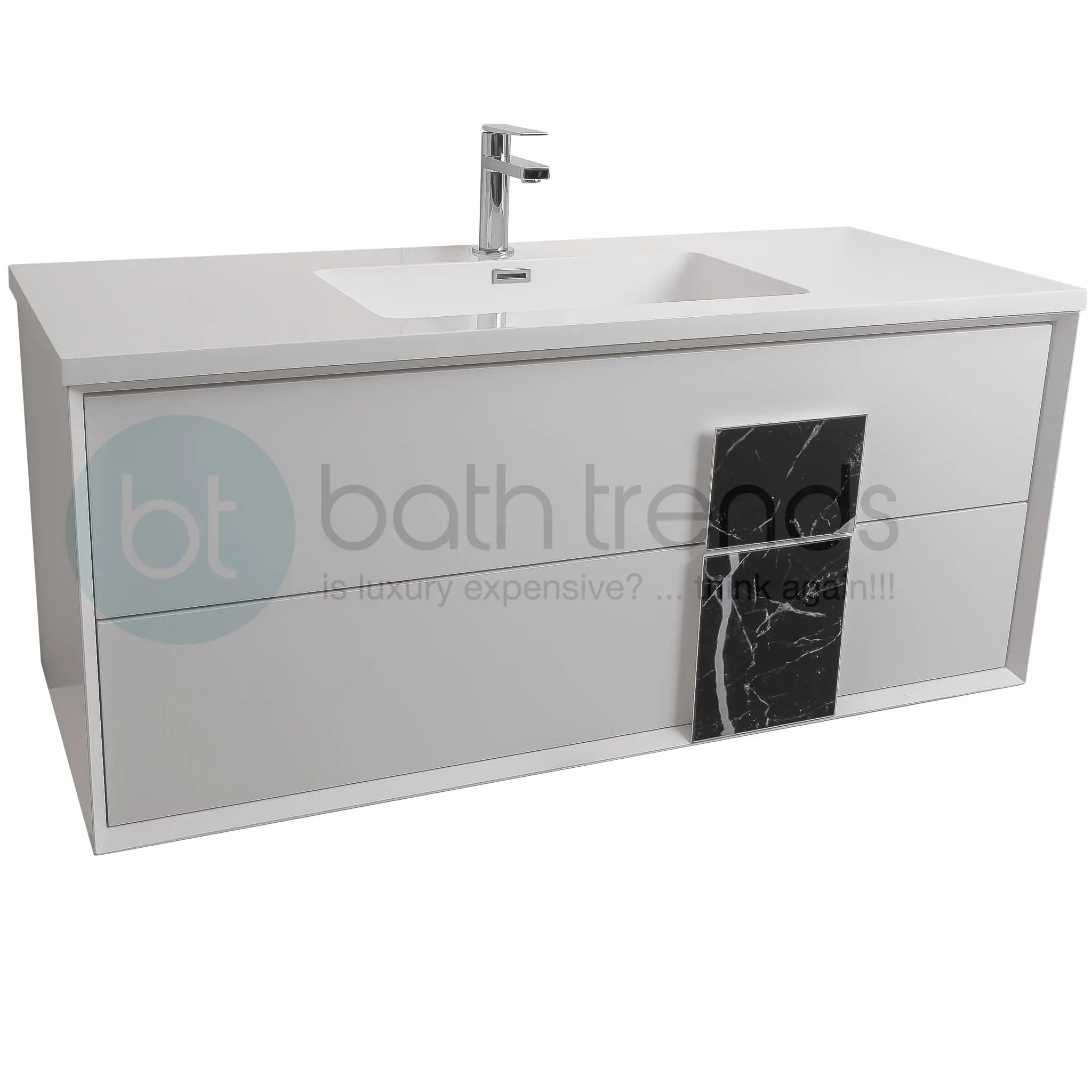 Piazza 47.5 Matte White With Black Marble Handle Cabinet, Square Cultured Marble Sink, Wall Mounted Modern Vanity Set