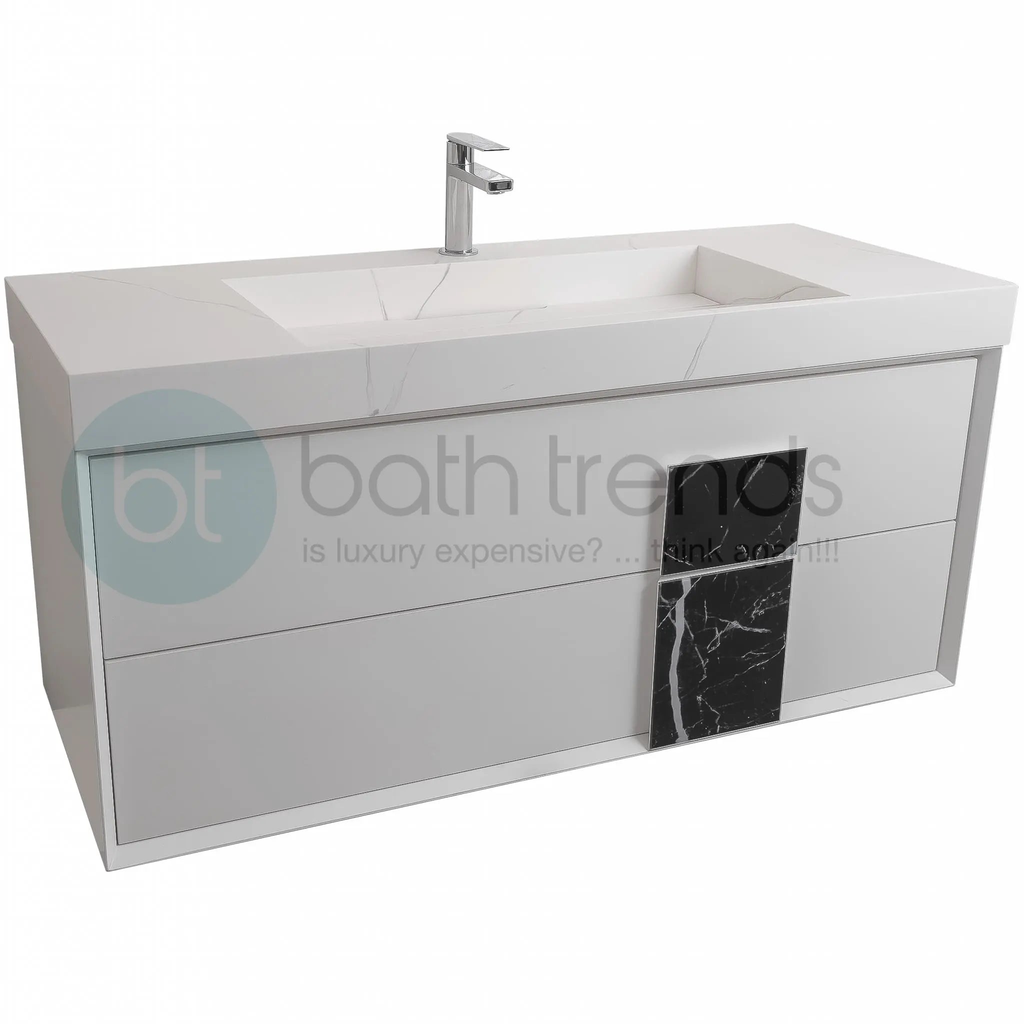 Piazza 47.5 Matte White With Black Marble Handle Cabinet, Solid Surface Matte White Carrara Infinity Sink, Wall Mounted Modern Vanity Set