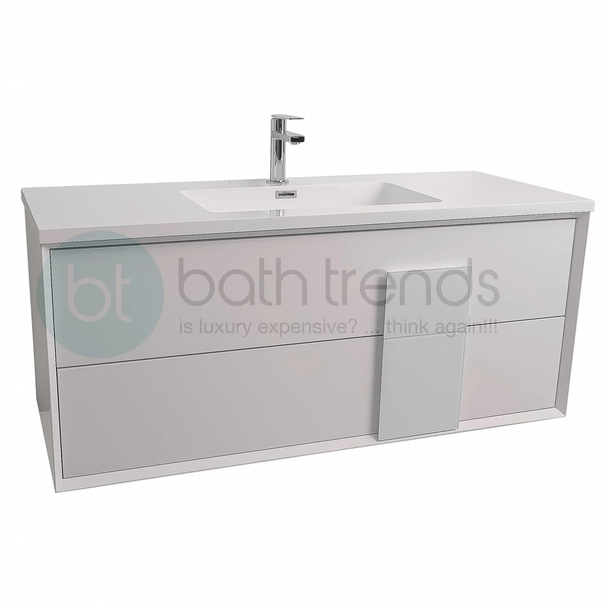 Piazza 47.5 Matte White With White Handle Cabinet, Square Cultured Marble Sink, Wall Mounted Modern Vanity Set
