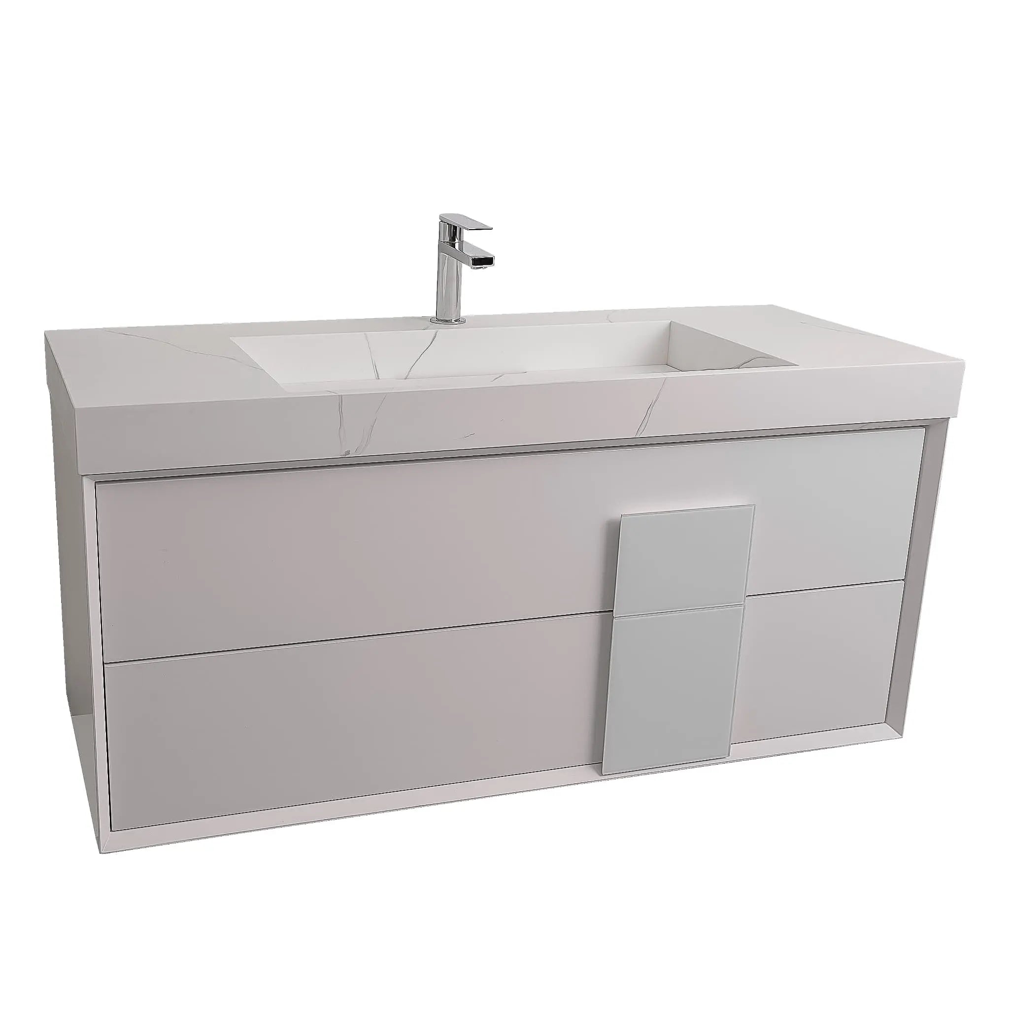 Piazza 47.5 Matte White With White Handle Cabinet, Solid Surface Matte White Carrara Infinity Sink, Wall Mounted Modern Vanity Set