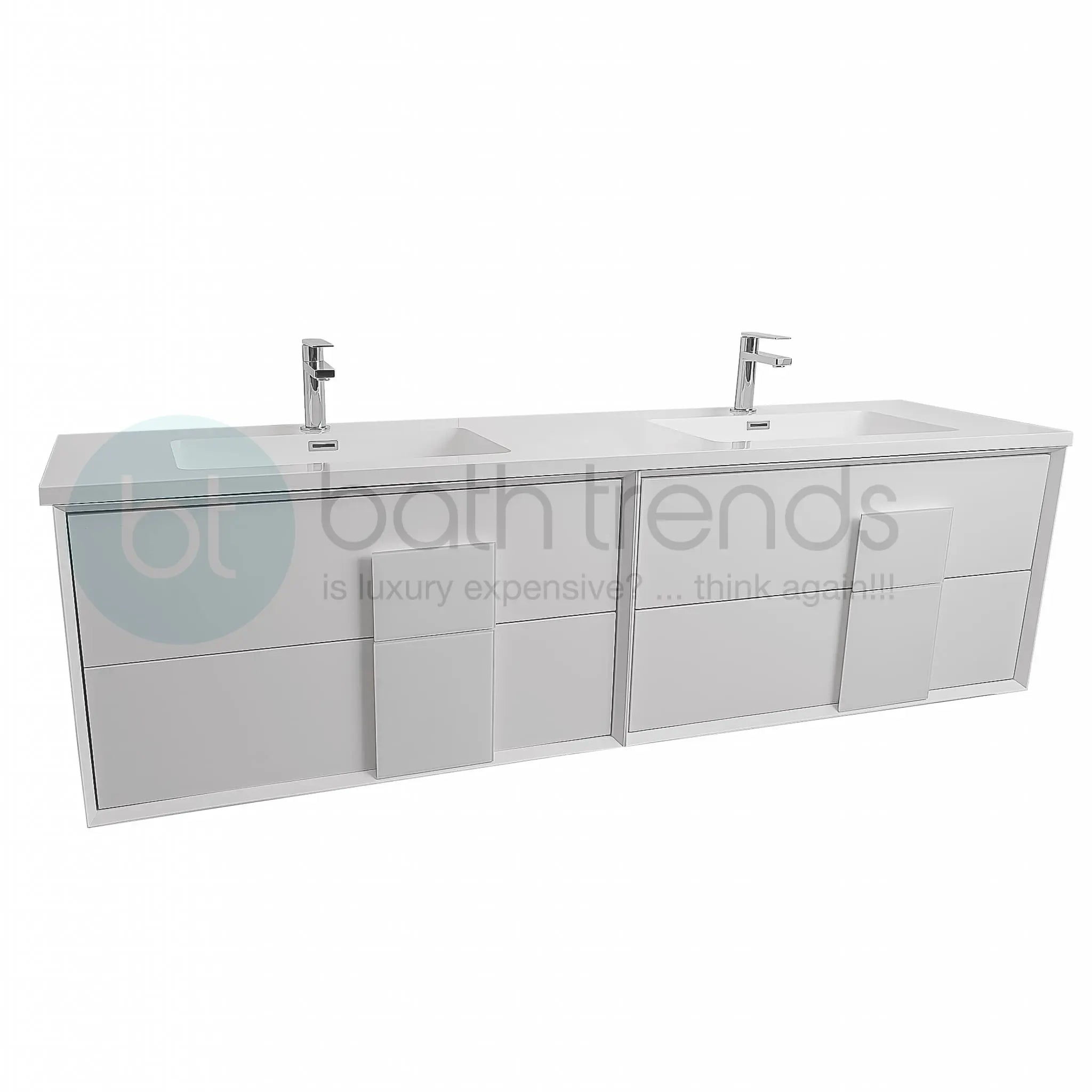 Piazza 63 Matte White With White Handle Cabinet, Square Cultured Marble Double Sink, Wall Mounted Modern Vanity Set