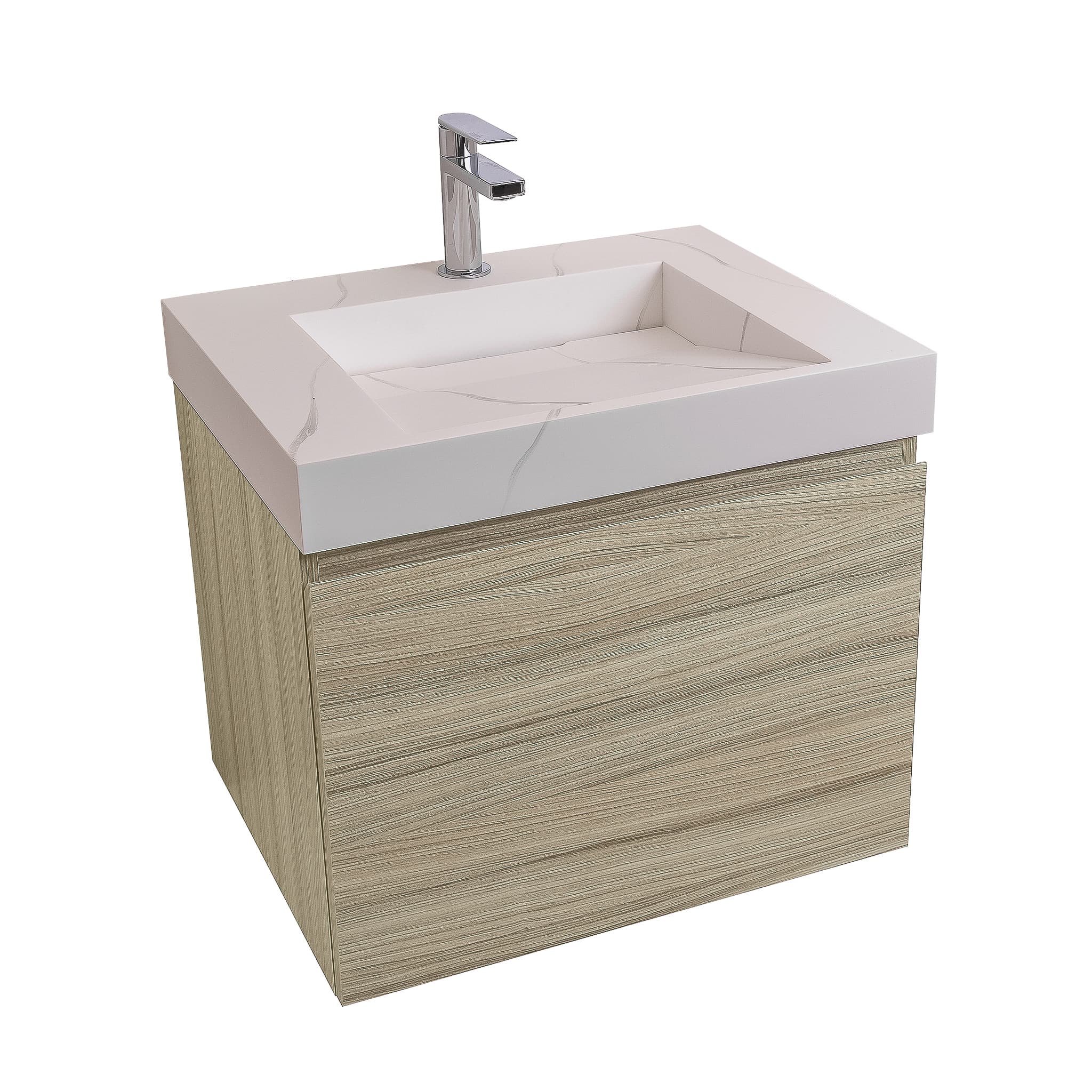 Venice 23.5 Nilo Grey Wood Texture Cabinet, Solid Surface Matte White Top Carrara Infinity Sink, Wall Mounted Modern Vanity Set