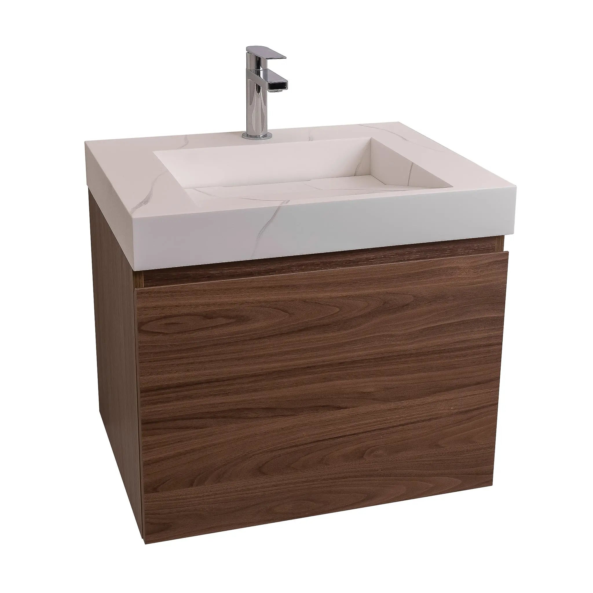 Venice 23.5 Walnut Wood Texture Cabinet, Solid Surface Matte White Top Carrara Infinity Sink, Wall Mounted Modern Vanity Set