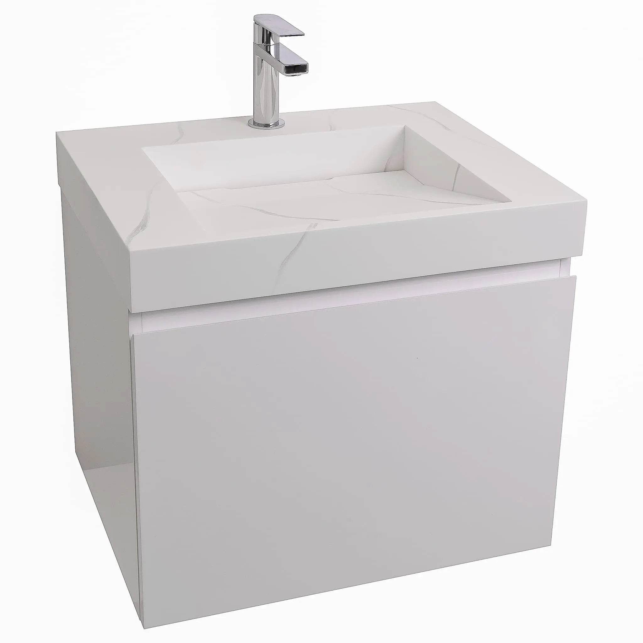 Venice 23.5 White High Gloss Cabinet, Solid Surface Matte White Top Carrara Infinity Sink, Wall Mounted Modern Vanity Set