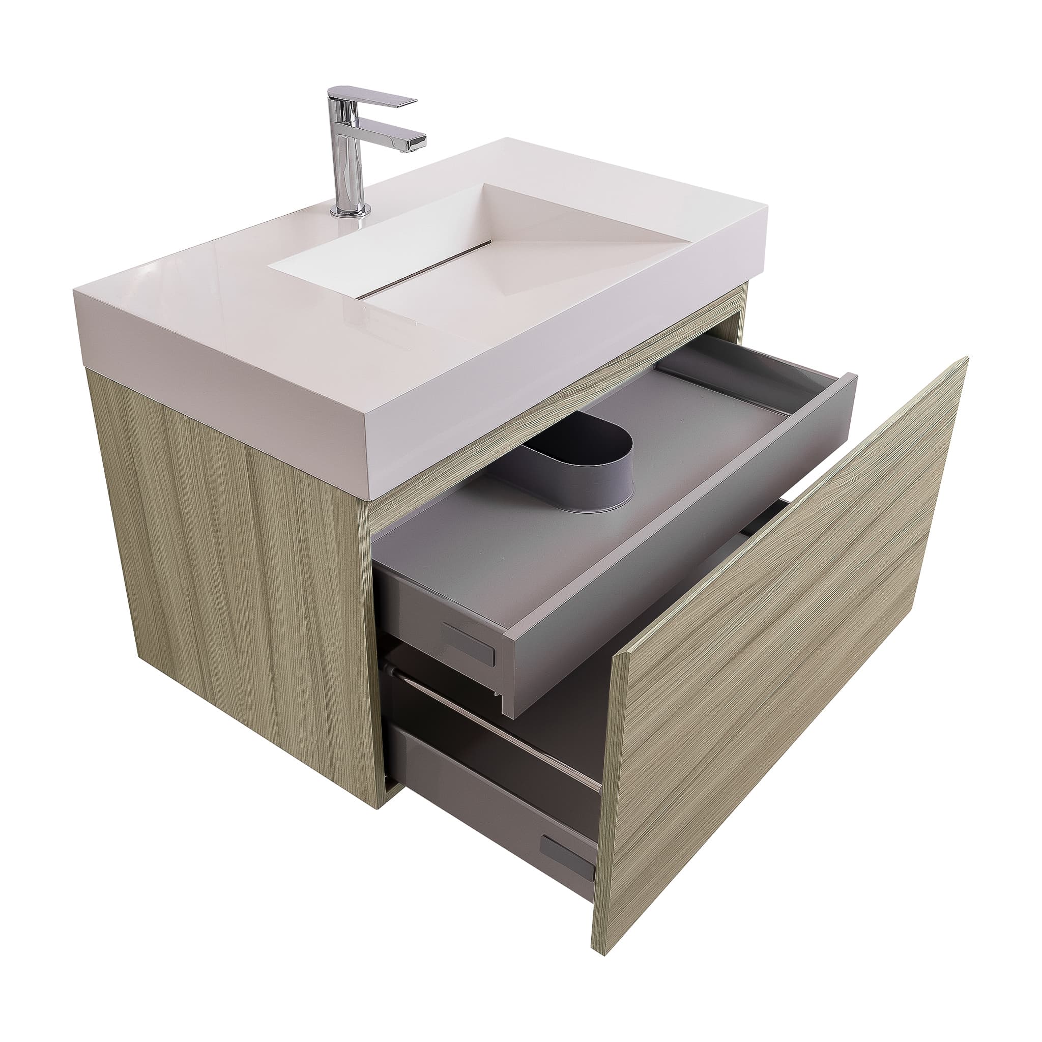 Venice 31.5 Nilo Grey Wood Texture Cabinet, Infinity Cultured Marble Sink, Wall Mounted Modern Vanity Set