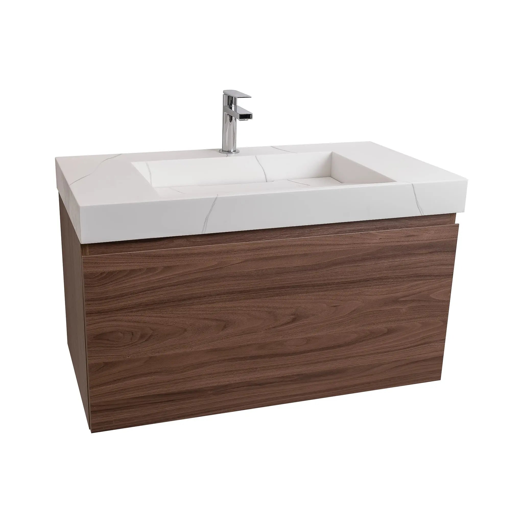 Venice 31.5 Walnut Wood Texture Cabinet, Solid Surface Matte White Top Carrara Infinity Sink, Wall Mounted Modern Vanity Set