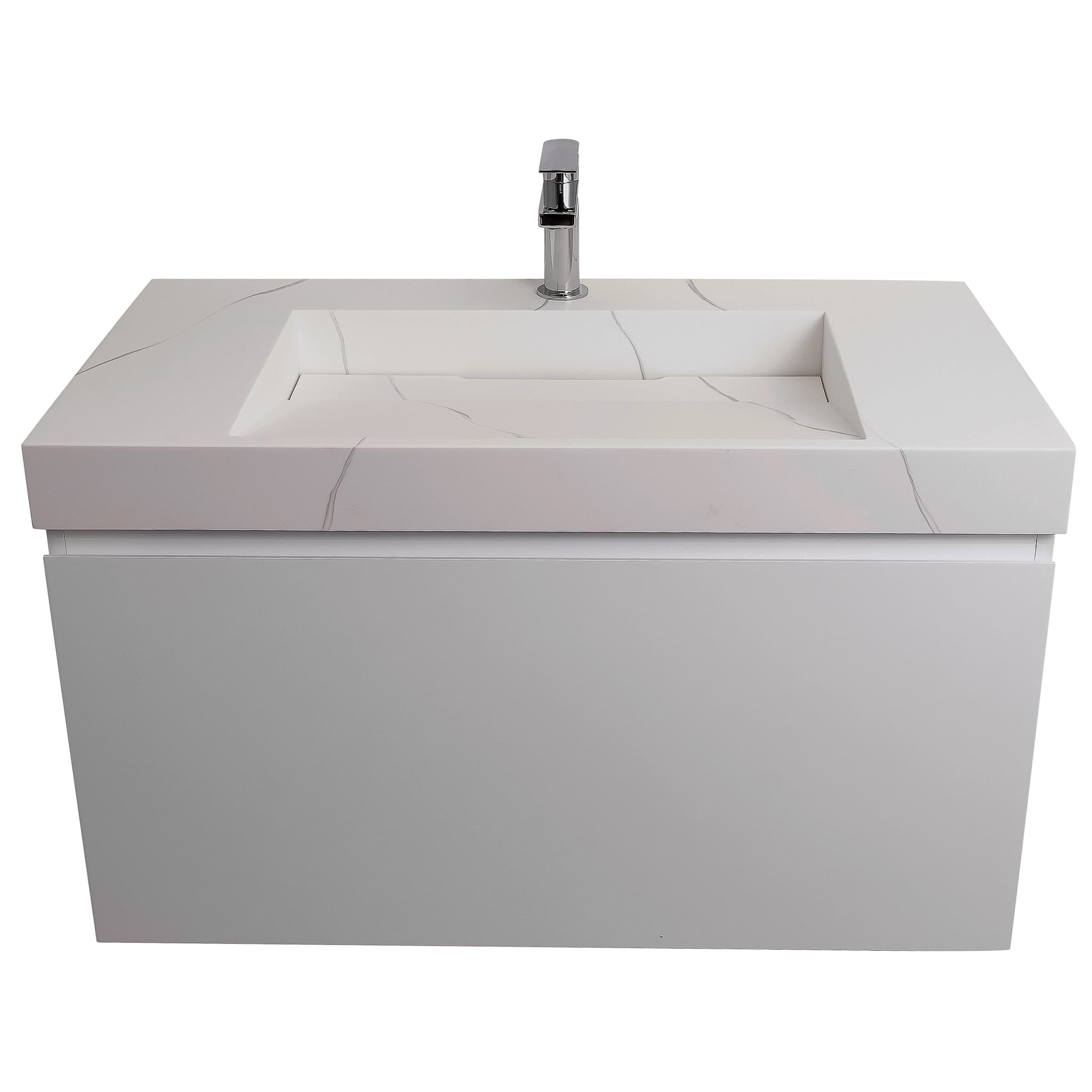 Venice 31.5 White High Gloss Cabinet, Solid Surface Matte White Top Carrara Infinity Sink, Wall Mounted Modern Vanity Set
