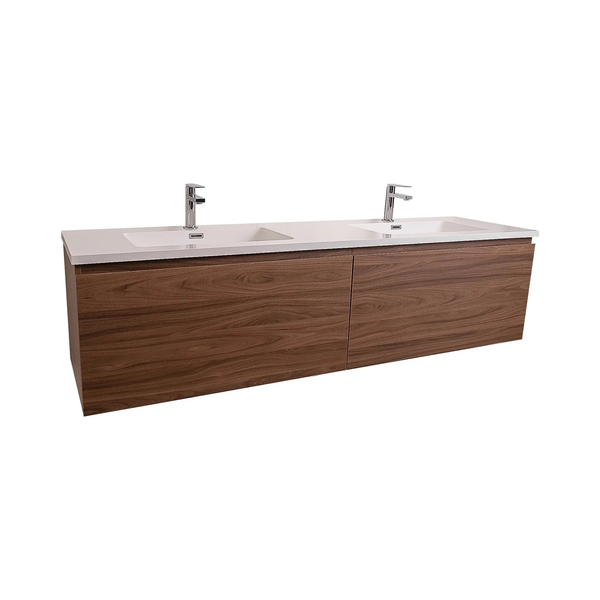 Venice 63 Walnut Wood Texture Cabinet, Square Cultured Marble Double Sink, Wall Mounted Modern Vanity Set