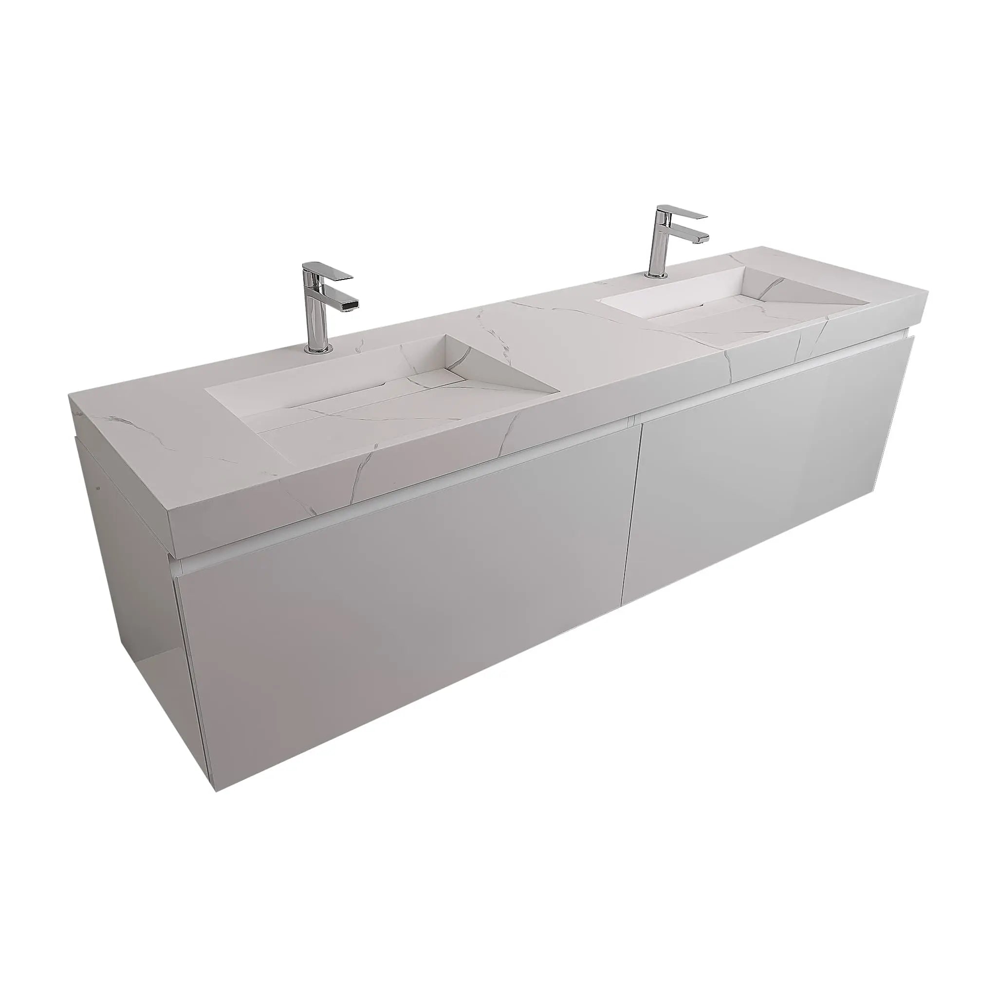 Venice 72 White High Gloss Cabinet, Solid Surface Matte White Top Carrara Infinity Double Sink, Wall Mounted Modern Vanity Set