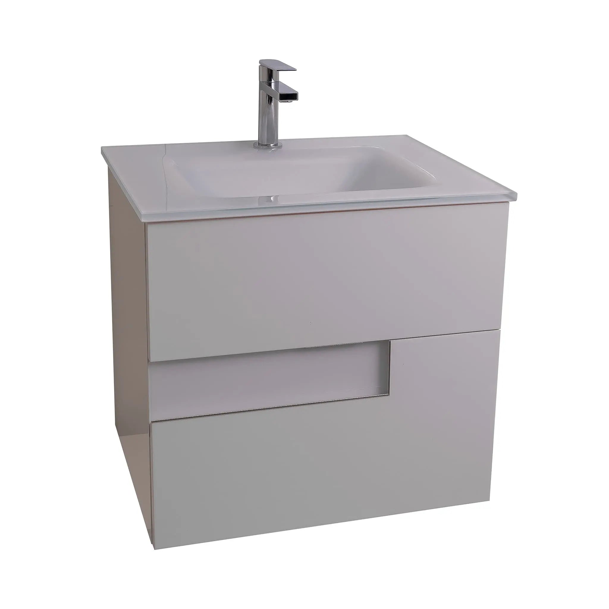 Vision 23.5 White High Gloss Cabinet, White Tempered Glass Sink, Wall Mounted Modern Vanity Set