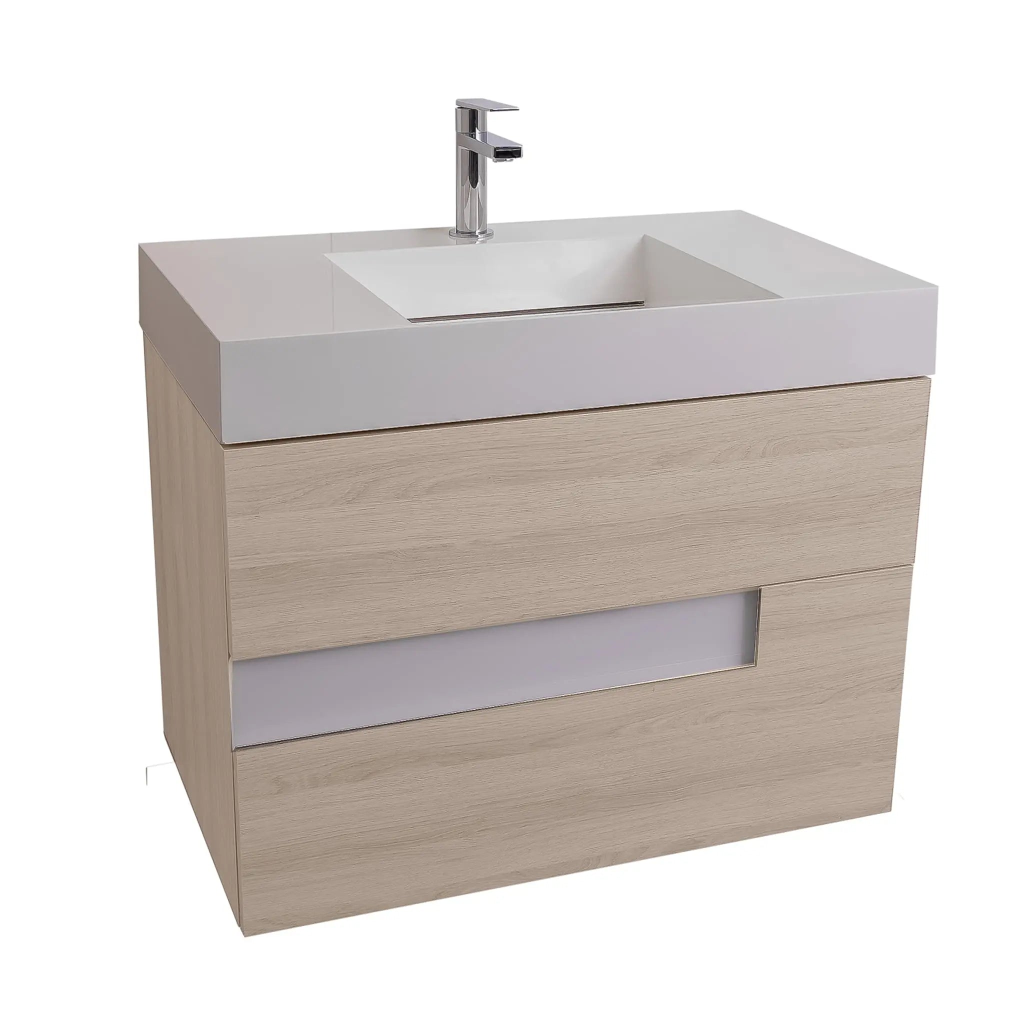 Vision 31.5 Natural Light Wood Cabinet, Infinity Cultured Marble Sink, Wall Mounted Modern Vanity Set
