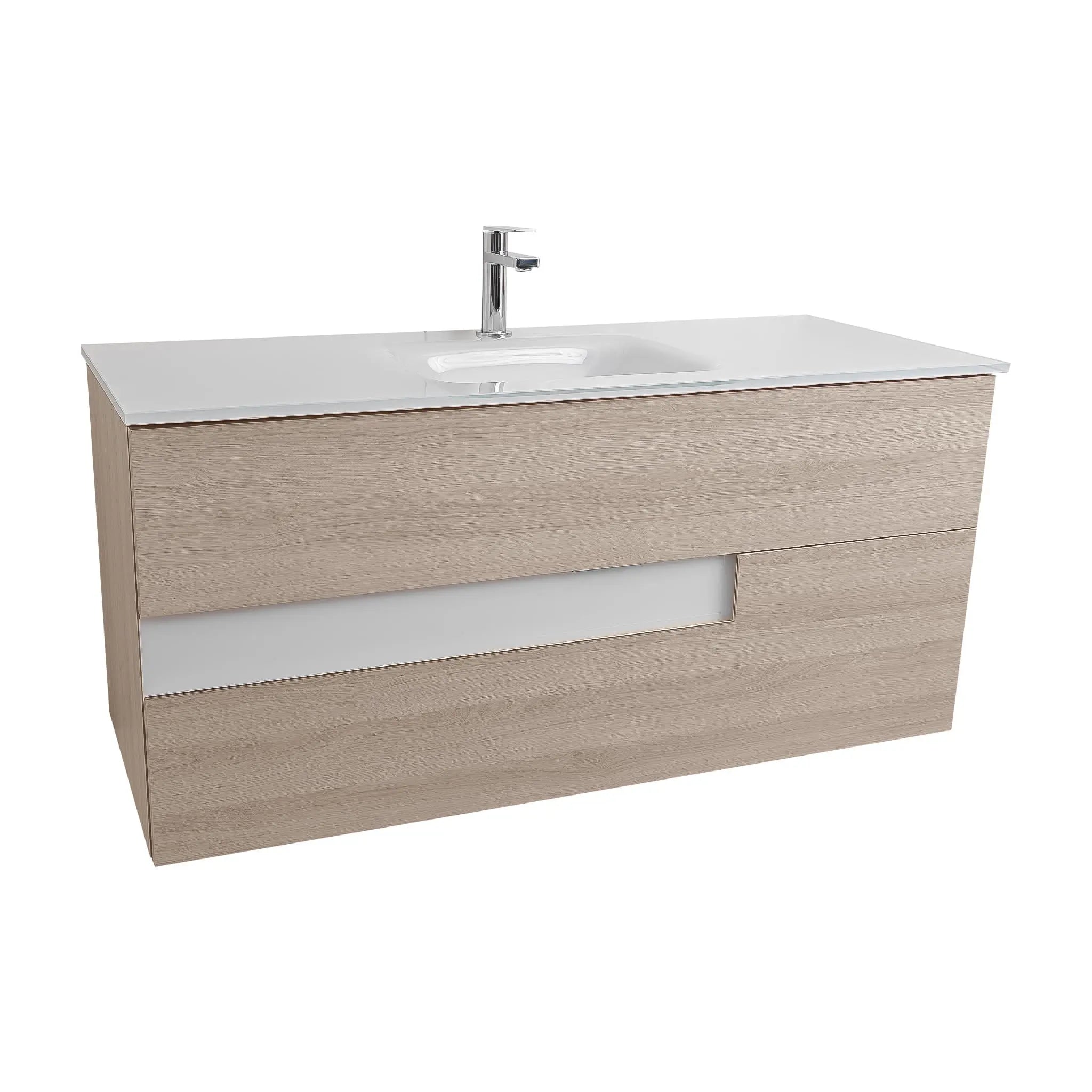 Vision 47.5 Natural Light Wood Cabinet, White Tempered Glass Sink, Wall Mounted Modern Vanity Set