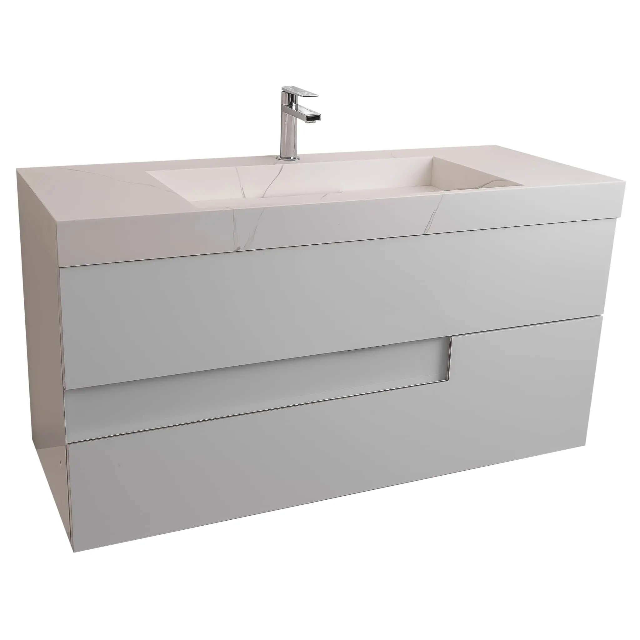 Vision 47.5 White High Gloss Cabinet, Solid Surface Matte White Top Carrara Infinity Sink, Wall Mounted Modern Vanity Set
