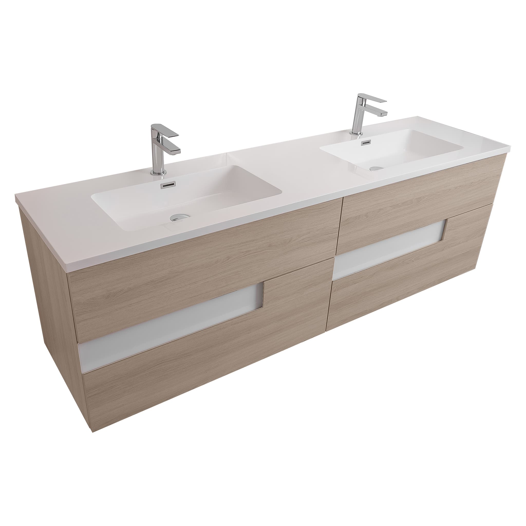 Vision 63 Natural Light Wood Cabinet, Square Cultured Marble Double Sink, Wall Mounted Modern Vanity Set