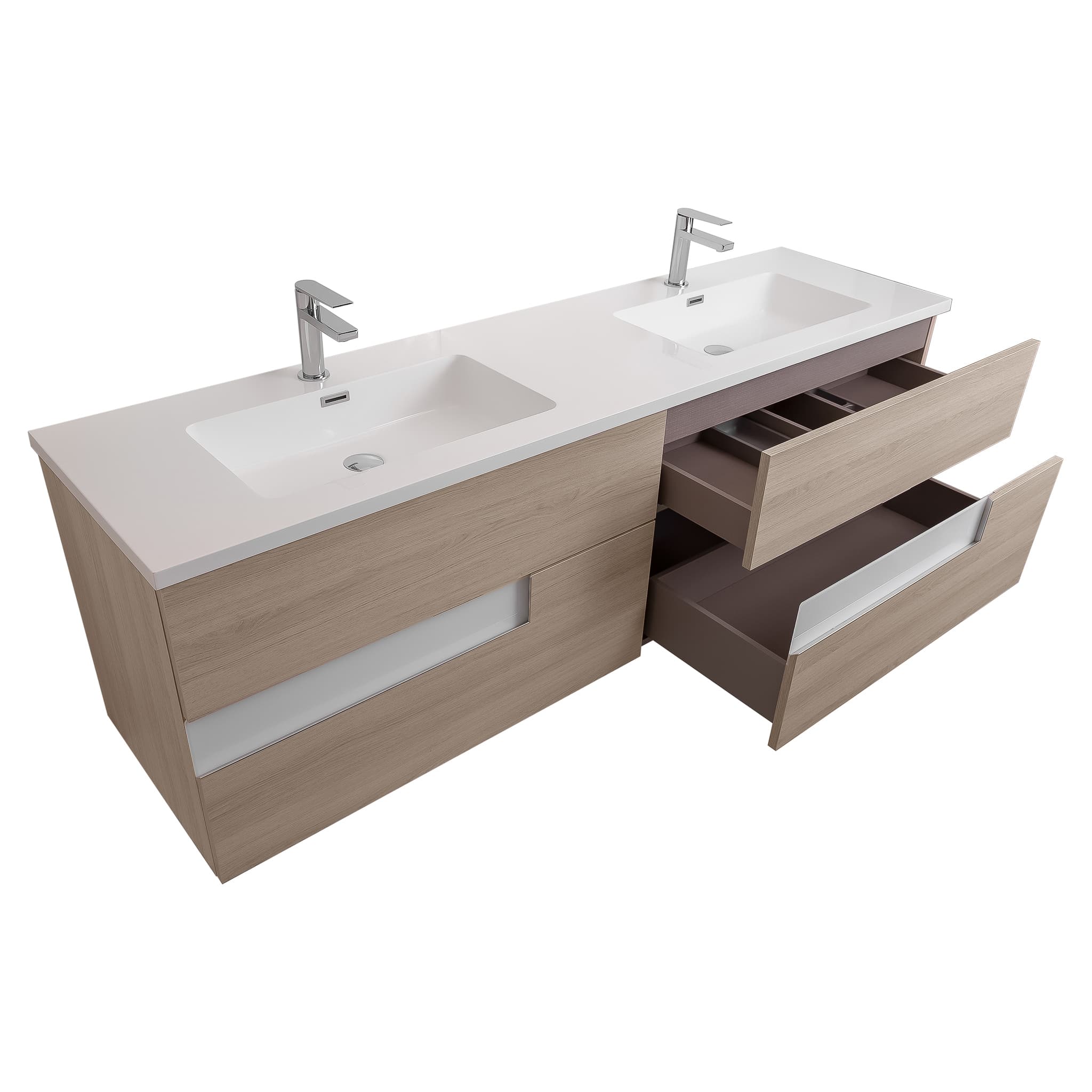 Vision 63 Natural Light Wood Cabinet, Square Cultured Marble Double Sink, Wall Mounted Modern Vanity Set