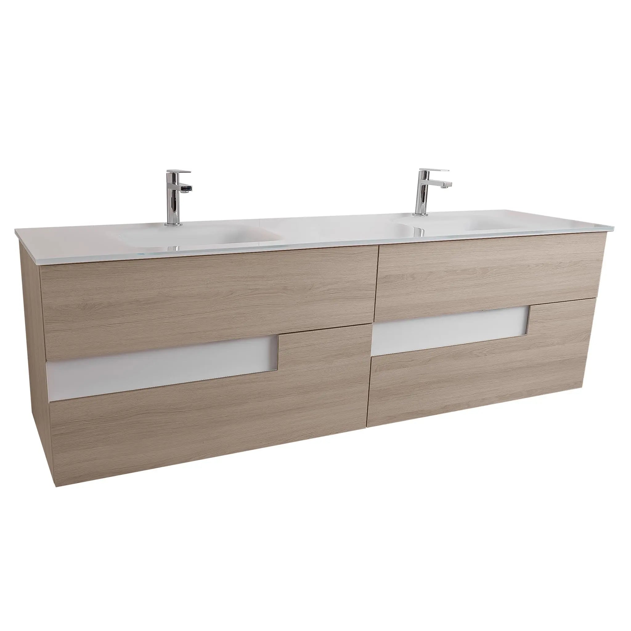 Vision 63 Natural Light Wood Cabinet, White Tempered Glass Double Sink, Wall Mounted Modern Vanity Set