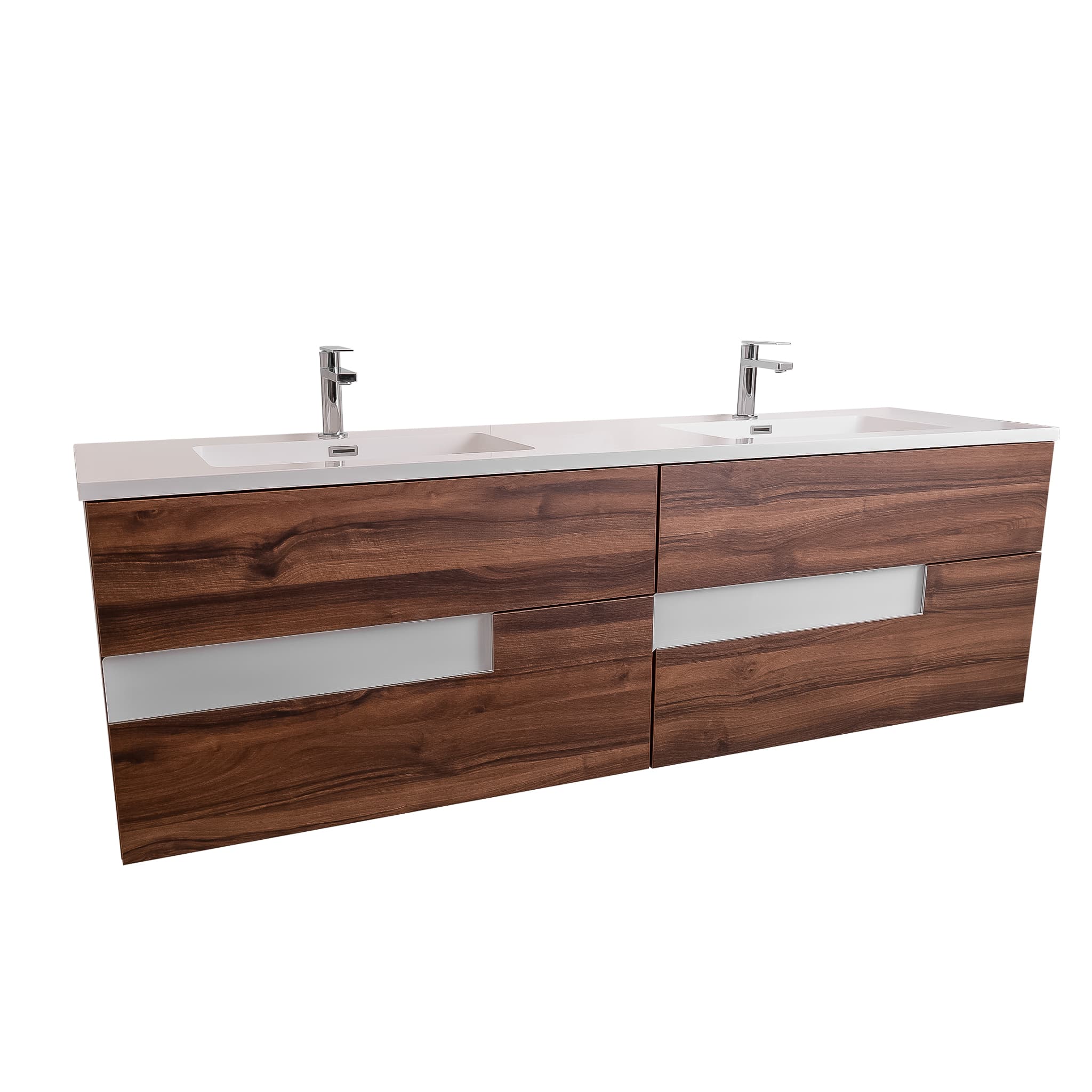 Vision 72 Valenti Medium Brown Wood Cabinet, Square Cultured Marble Double Sink, Wall Mounted Modern Vanity Set