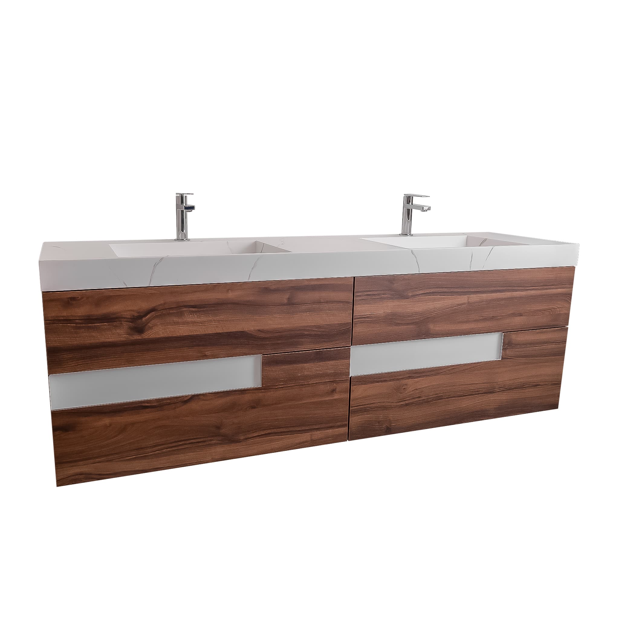 Vision 72 Valenti Medium Brown Wood Cabinet, Solid Surface Matte White Top Carrara Infinity Double Sink, Wall Mounted Modern Vanity Set