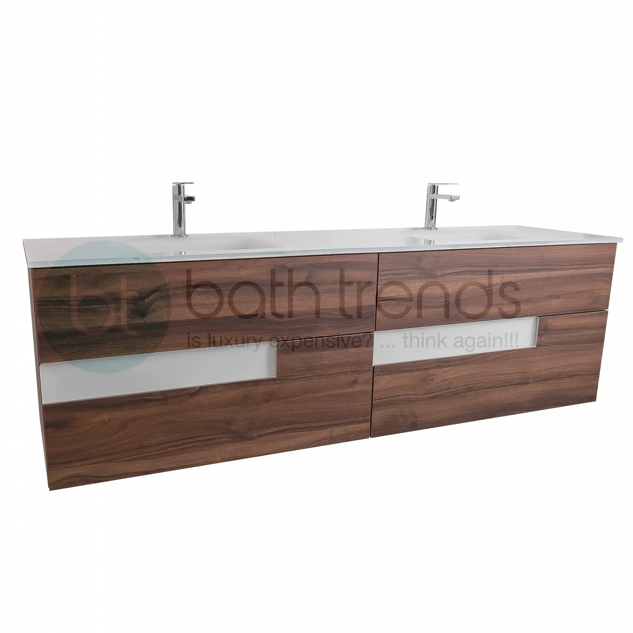 Vision 72 Valenti Medium Brown Wood Cabinet, White Tempered Glass Double Sink, Wall Mounted Modern Vanity Set
