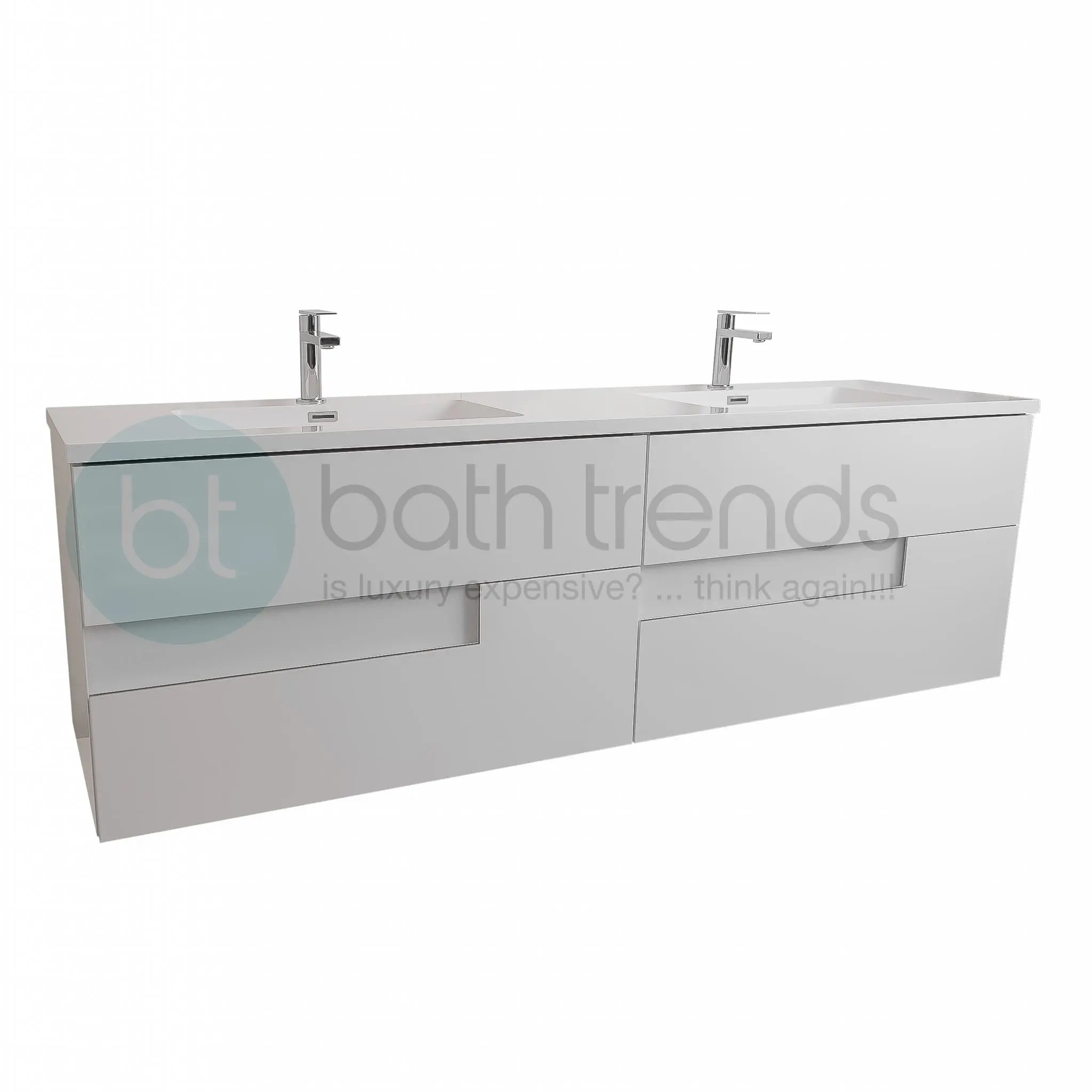 Vision 72 White High Gloss Cabinet, Square Cultured Marble Double Sink, Wall Mounted Modern Vanity Set