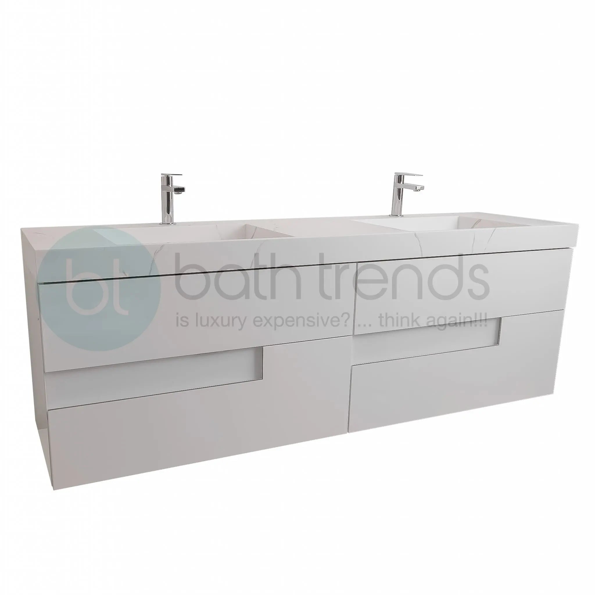 Vision 72 White High Gloss Cabinet, Solid Surface Matte White Top Carrara Infinity Double Sink, Wall Mounted Modern Vanity Set