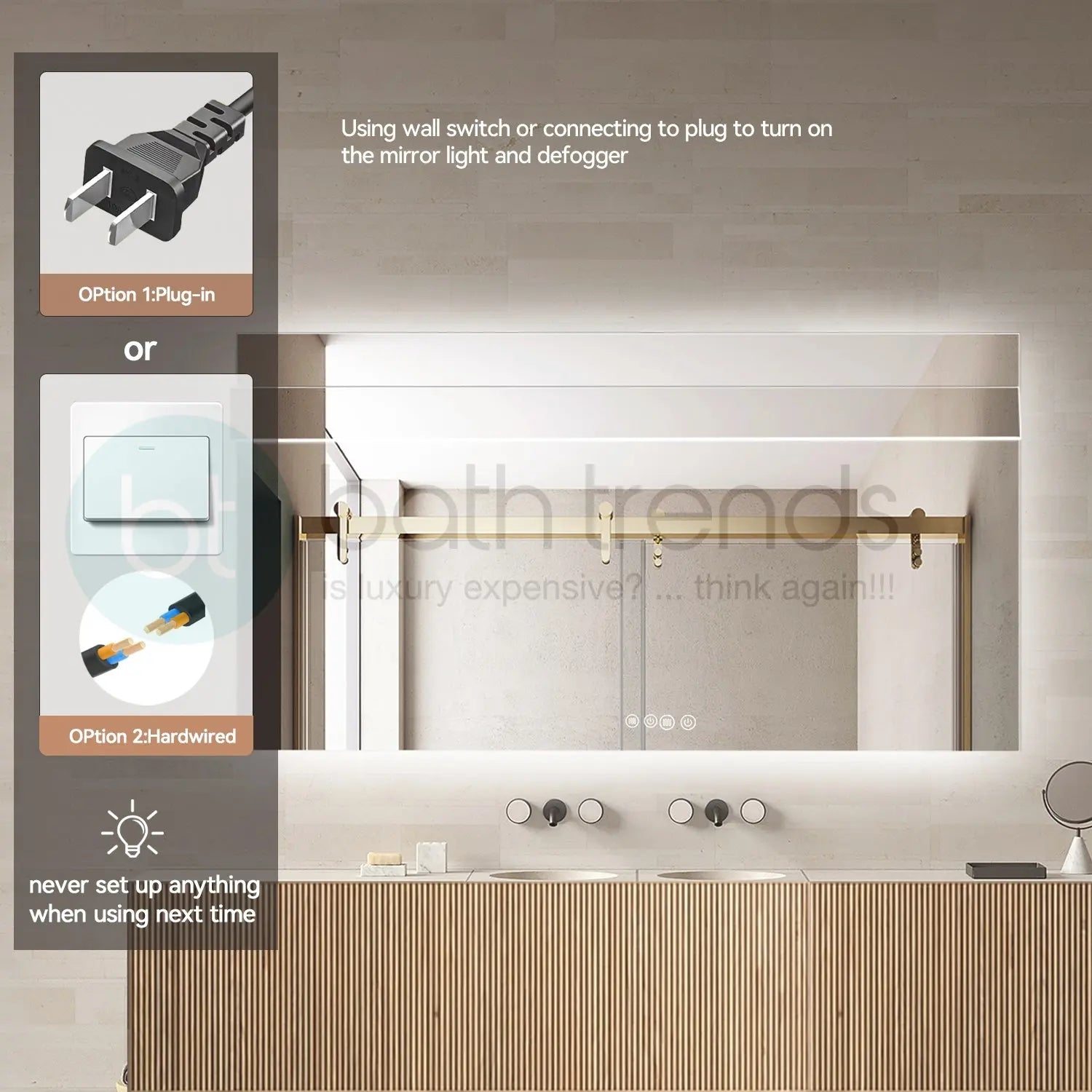 Aquamoon 8399 LED Bathroom Mirror 60" x 31" Wall Mounted With Bottom Front Touch On/Off Switch 6000K High Lumen 