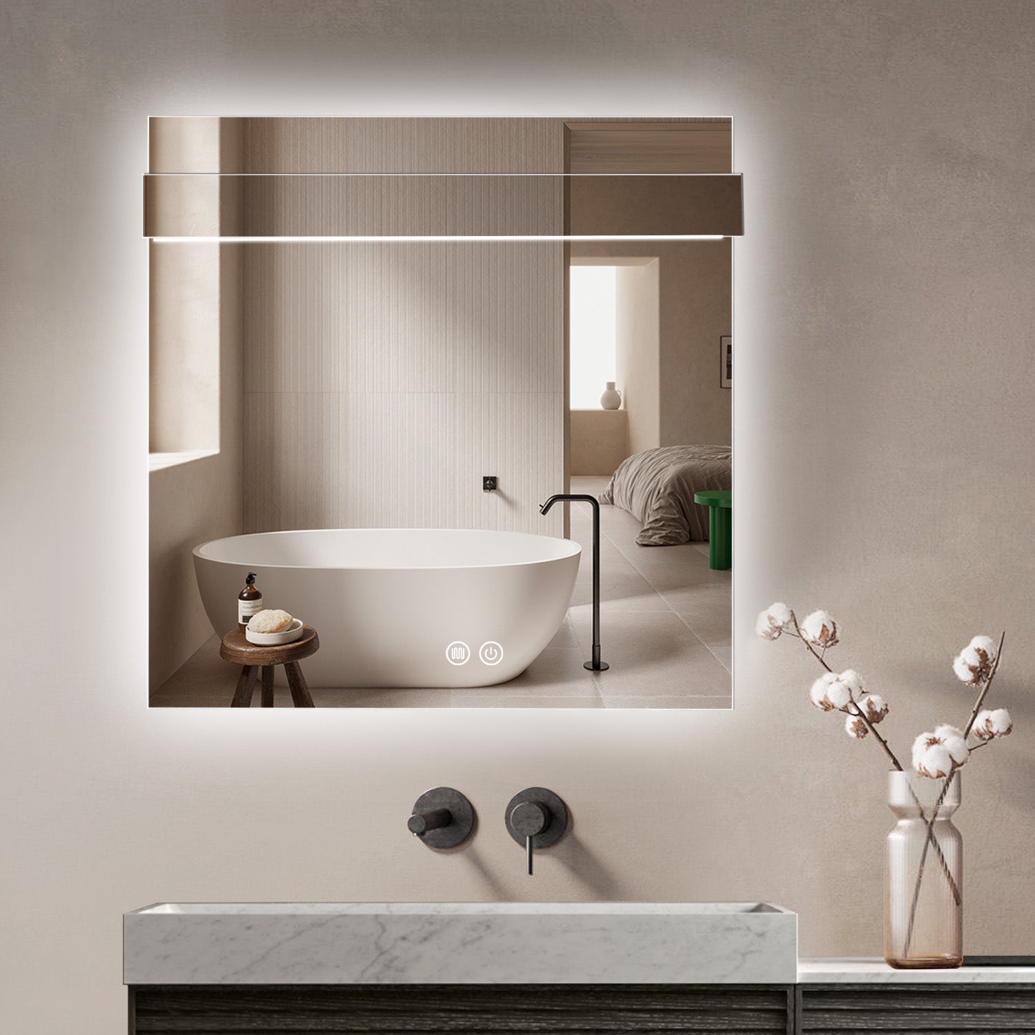 Aquamoon 8399 LED Bathroom Mirror 31" x 31" Wall Mounted With Bottom Front Touch On/Off Switch 6000K High Lumen