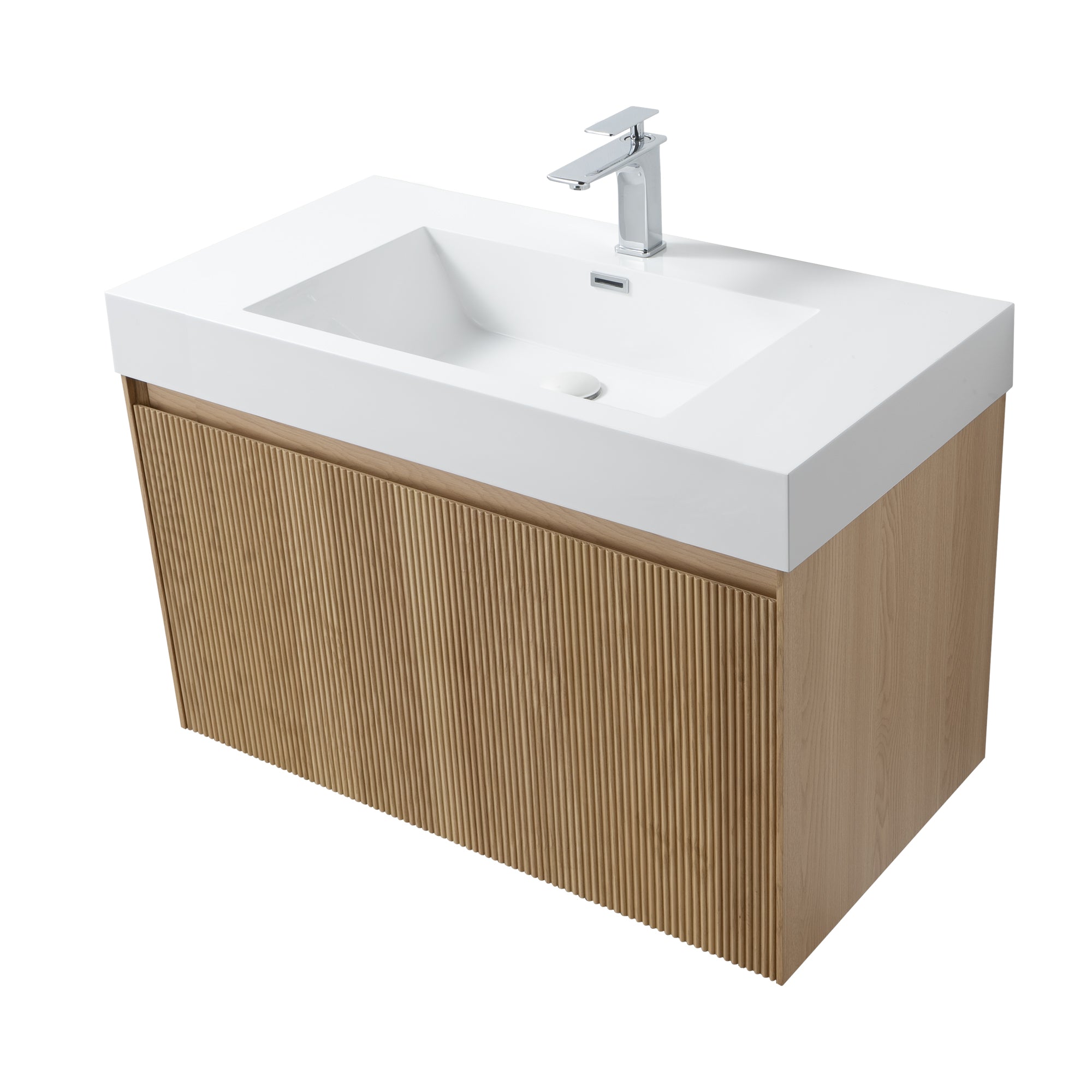 Miami 35.5 Natural Oak Cabinet, Square Cultured Marble, Wall Mounted Modern Vanity Set