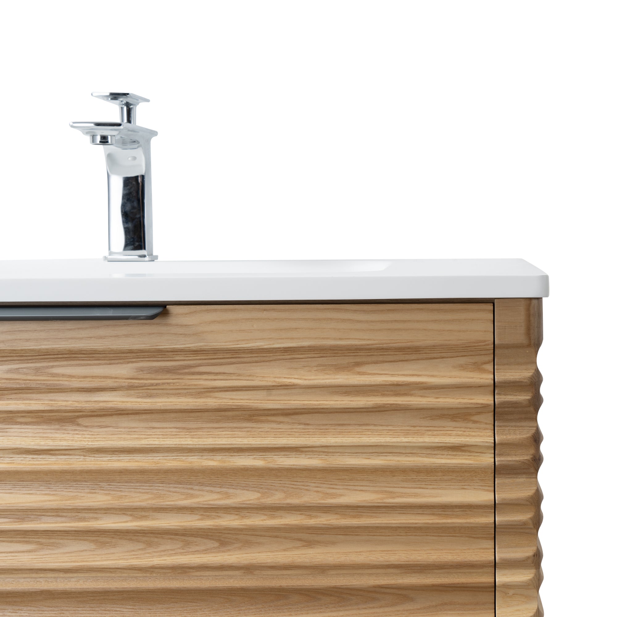 Capri 31.5 Natural Oak Cabinet, Solid Surface Sink, Wall Mounted Modern Vanity Set