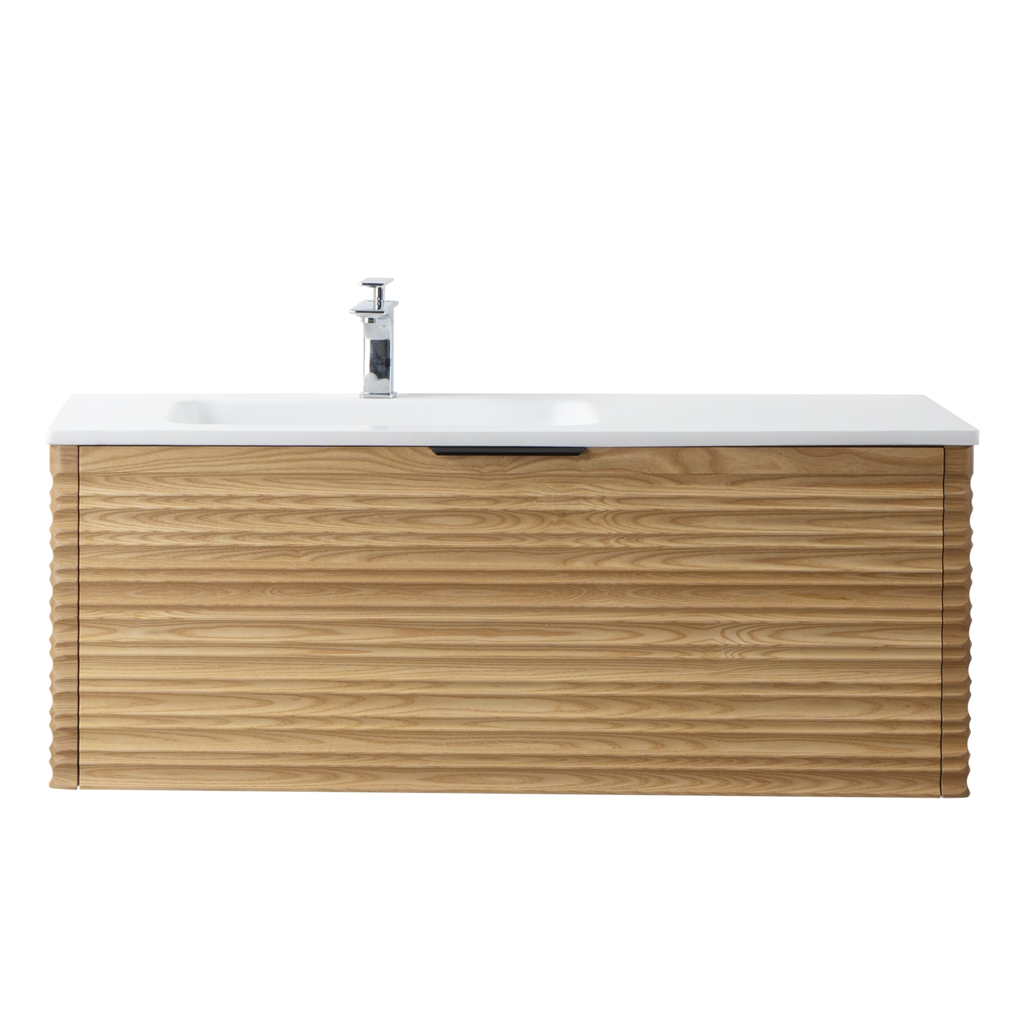 Capri 47.5 Natural Oak Cabinet, Solid Surface Sink, Wall Mounted Modern Vanity Set