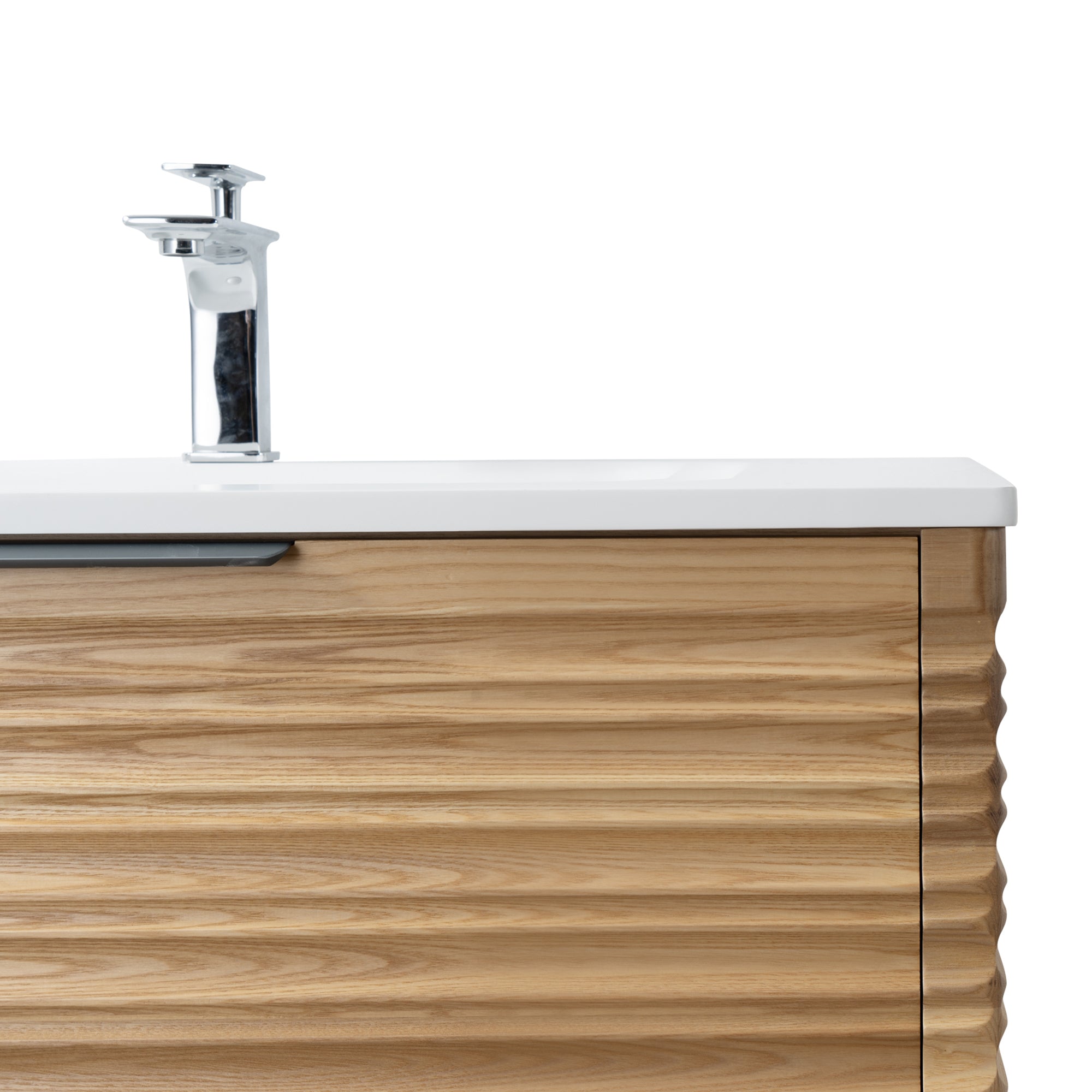 Capri 35.5 Natural Oak Cabinet, Solid Surface Sink, Wall Mounted Modern Vanity Set