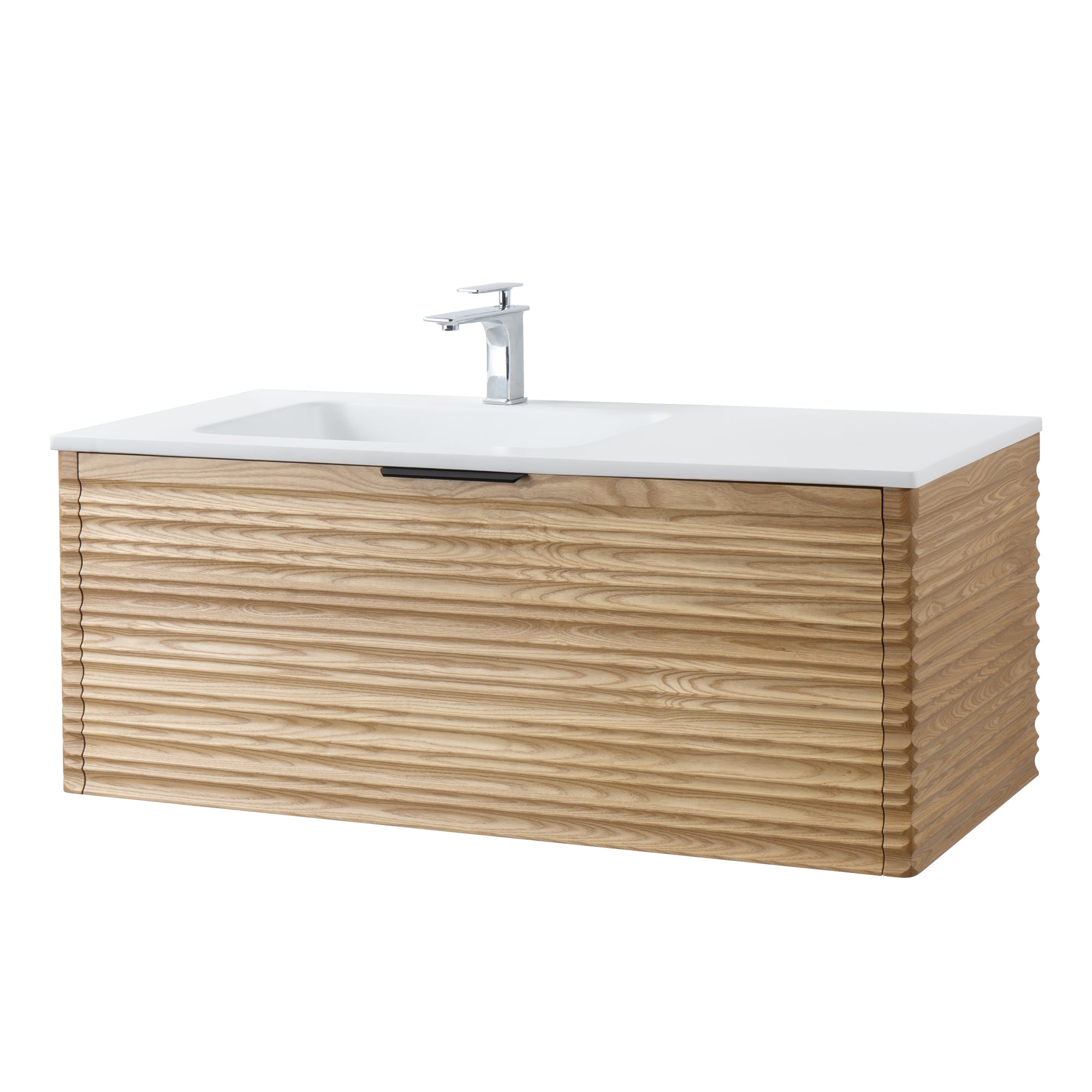 Capri 47.5 Natural Oak Cabinet, Solid Surface Sink, Wall Mounted Modern Vanity Set