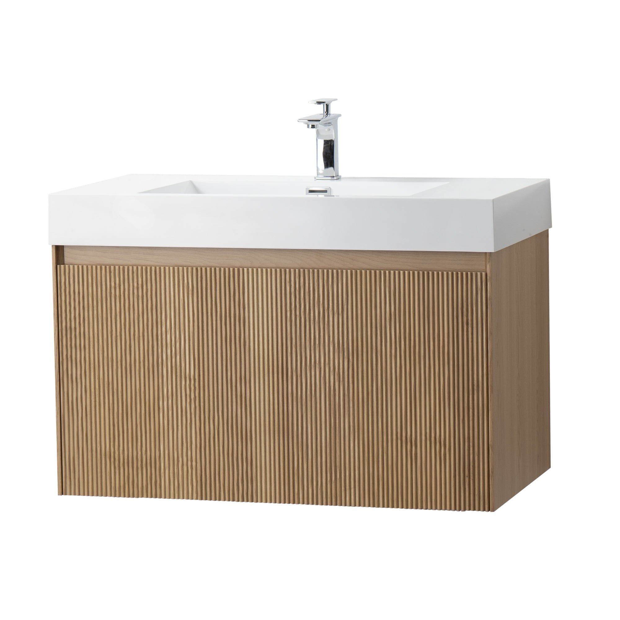 Miami 35.5 Natural Oak Cabinet, Square Cultured Marble, Wall Mounted Modern Vanity Set