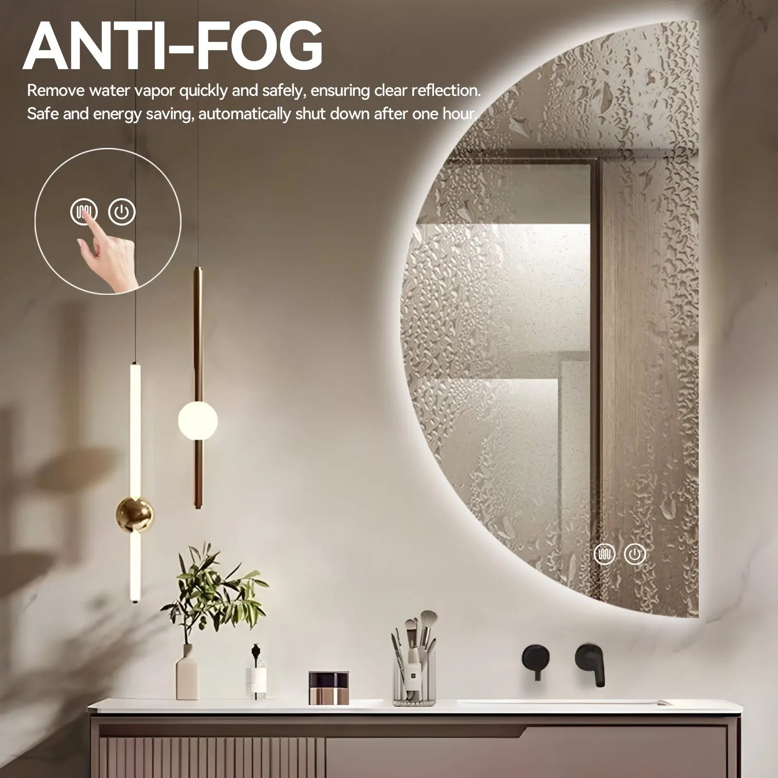 Aquamoon Media Luna Left LED Mirror Semiround Shape, Framless Design With Back Ilumination 24"W x 48"H 