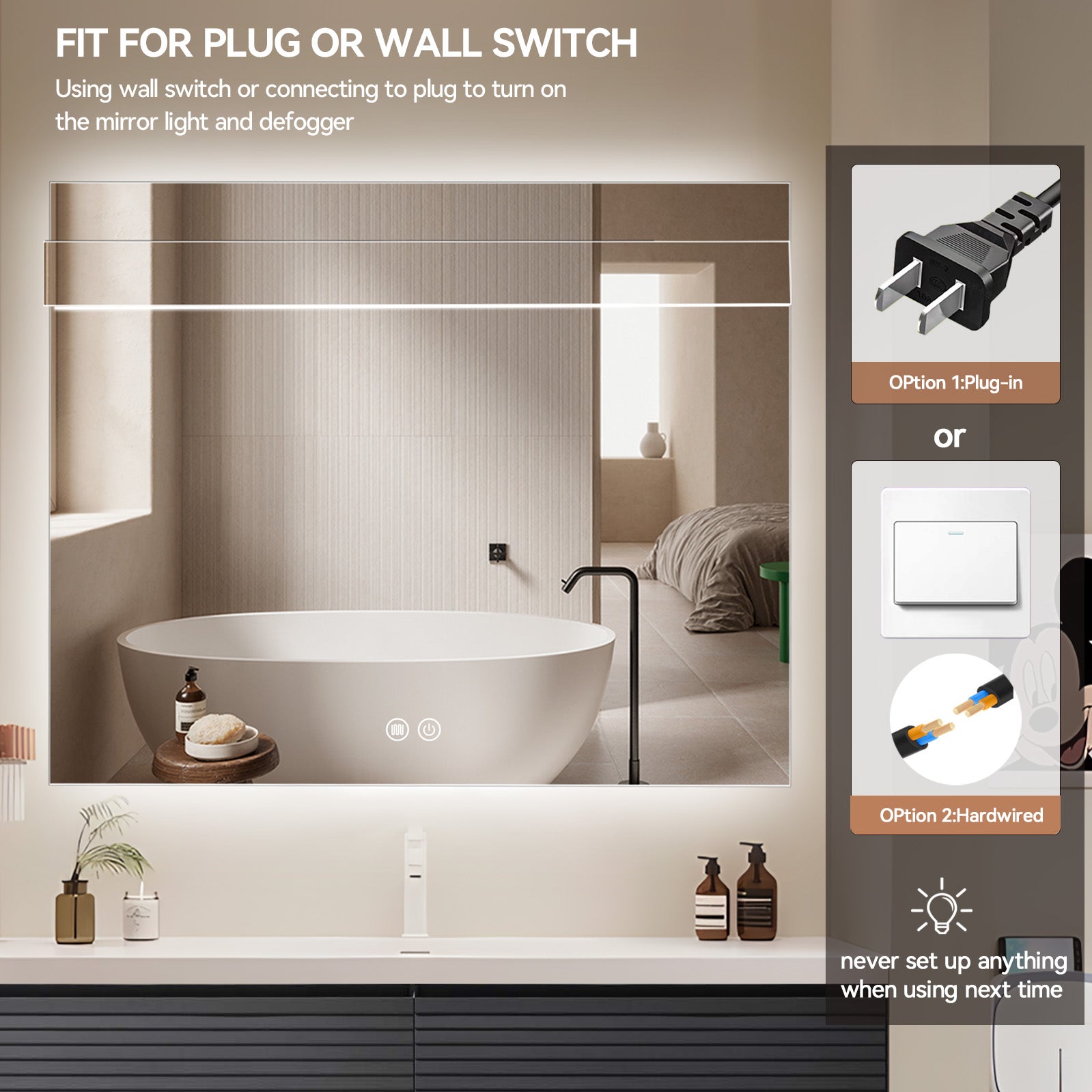 Aquamoon 8399 LED Bathroom Mirror 39" x 31" Wall Mounted With Bottom Front Touch On/Off Switch 6000K High Lumen