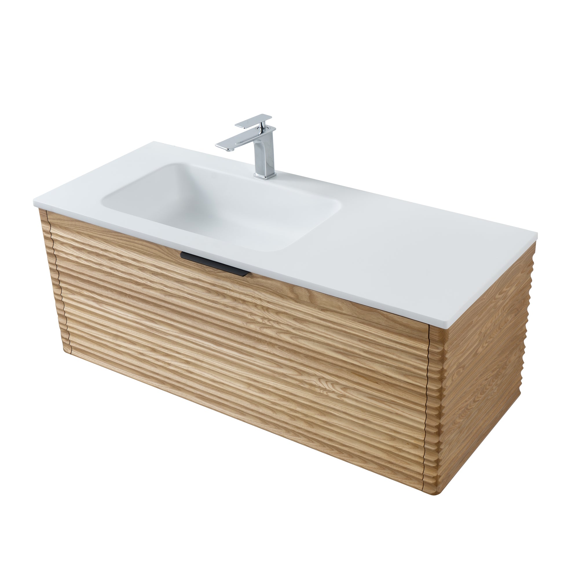 Capri 47.5 Natural Oak Cabinet, Solid Surface Sink, Wall Mounted Modern Vanity Set