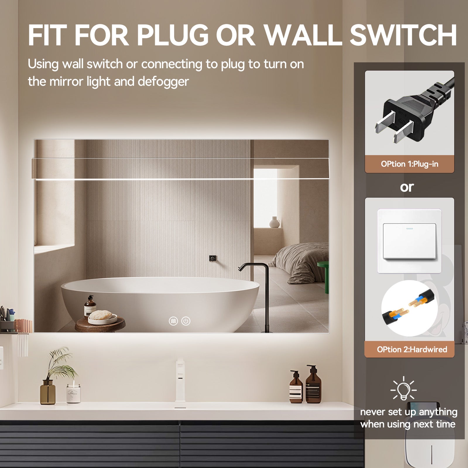 Aquamoon 8399 LED Bathroom Mirror 48" x 31" Wall Mounted With Bottom Front Touch On/Off Switch 6000K High Lumen