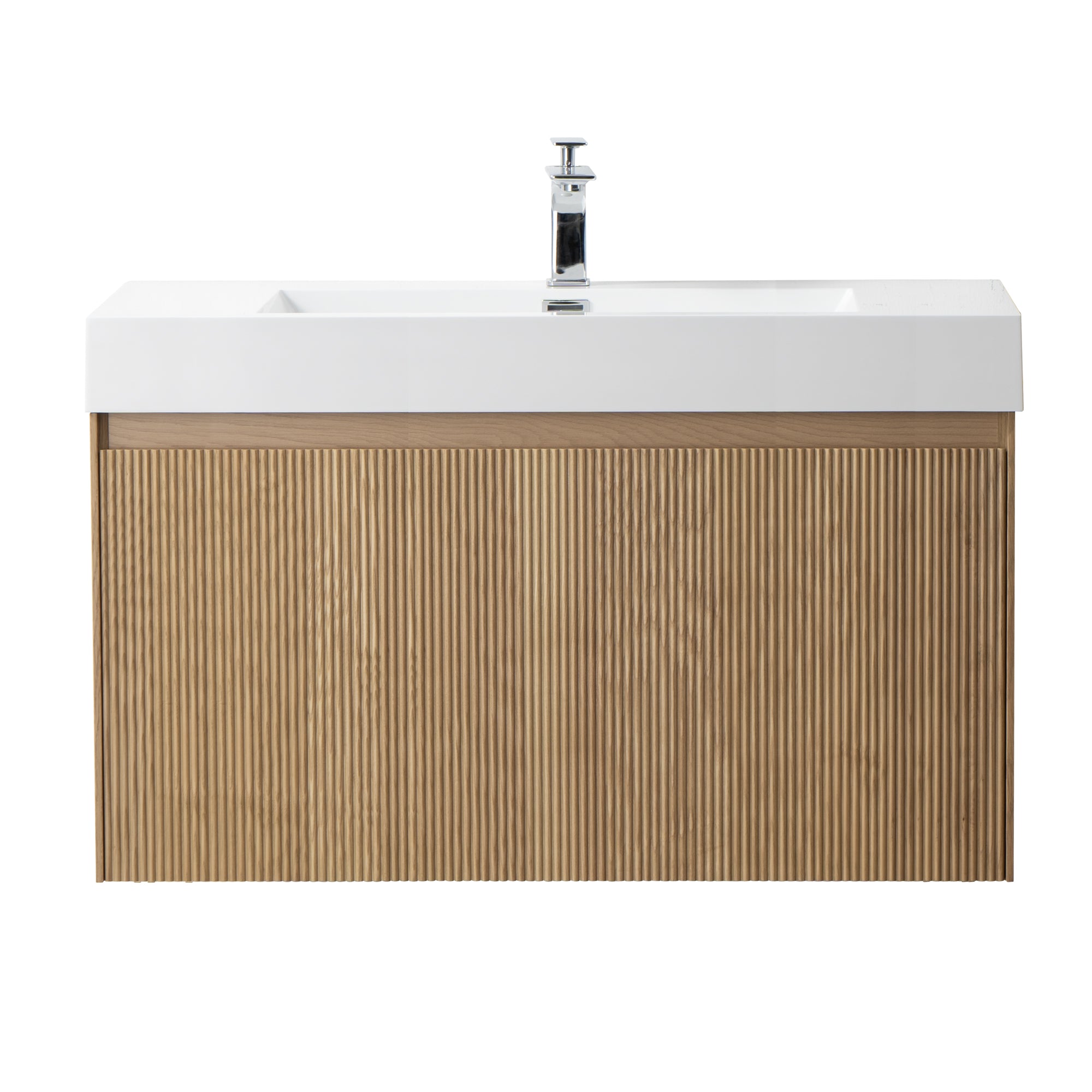 Miami 39.5 Natural Oak Cabinet, Square Cultured Marble Sink, Wall Mounted Modern Vanity Set