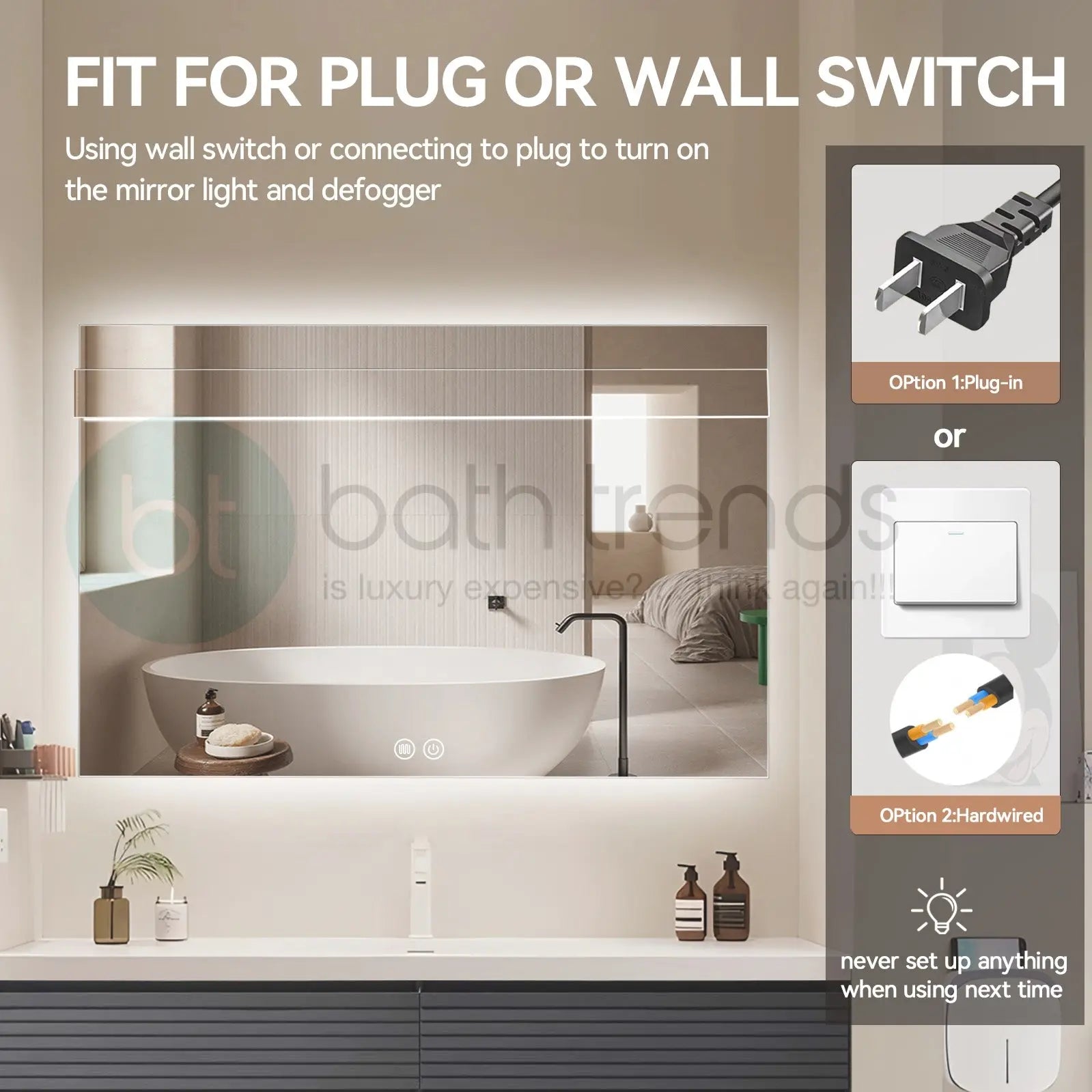 Aquamoon 8399 LED Bathroom Mirror 48" x 31" Wall Mounted With Bottom Front Touch On/Off Switch 6000K High Lumen 