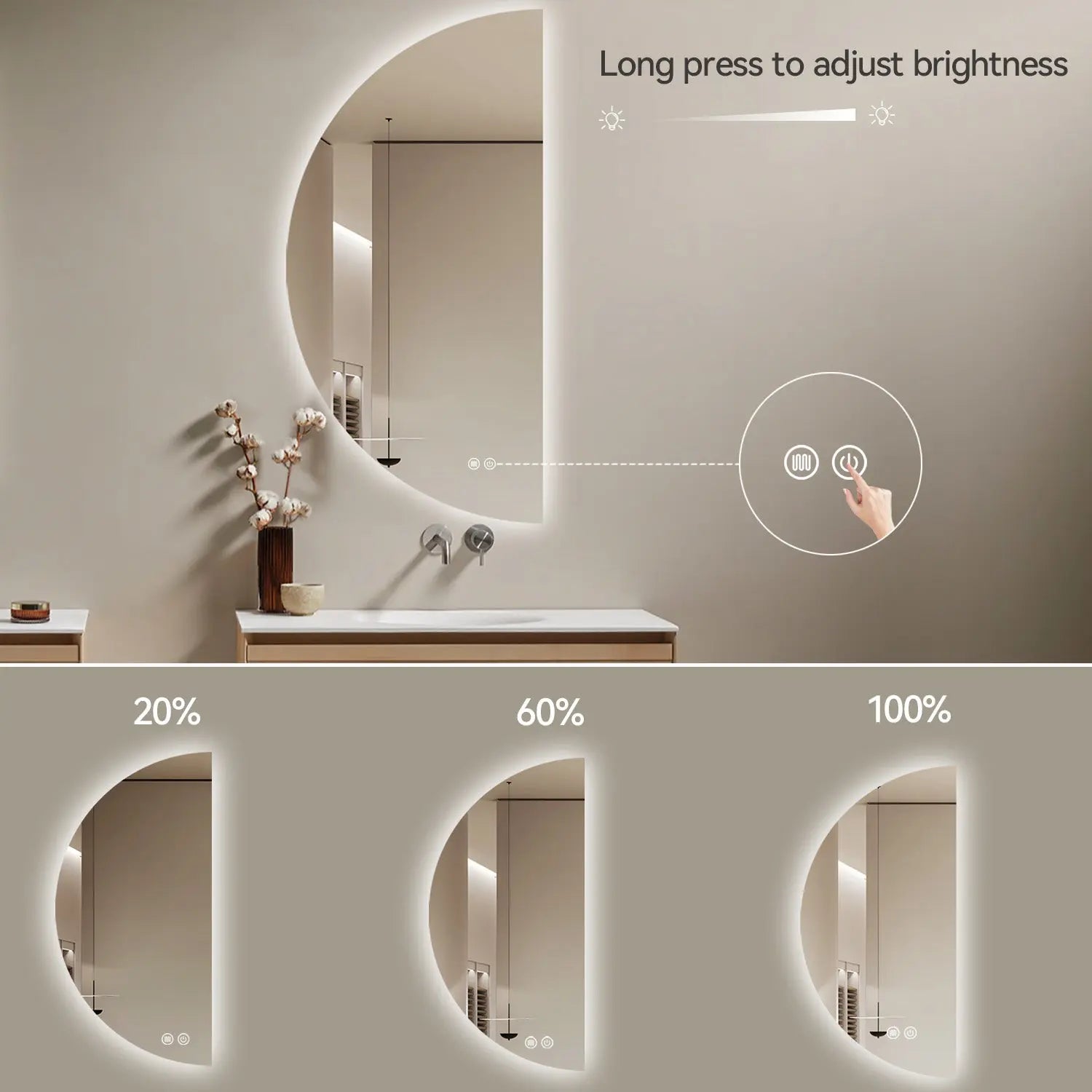 Aquamoon Media Luna Left LED Mirror Semiround Shape, Framless Design With Back Ilumination 24"W x 48"H 