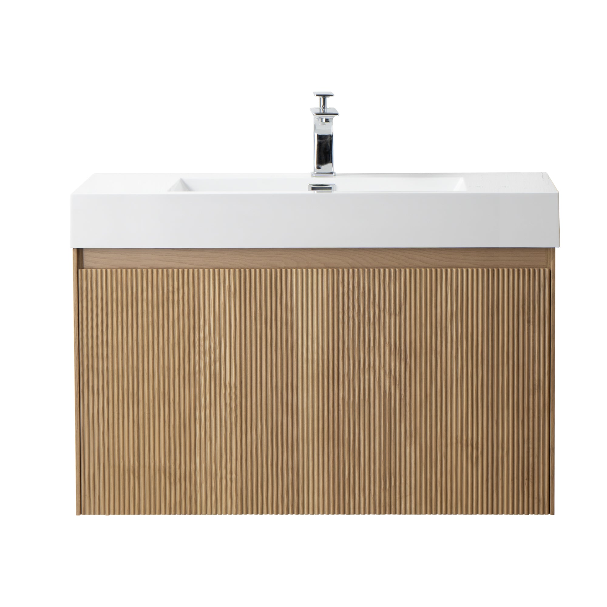 Miami 35.5 Natural Oak Cabinet, Square Cultured Marble, Wall Mounted Modern Vanity Set